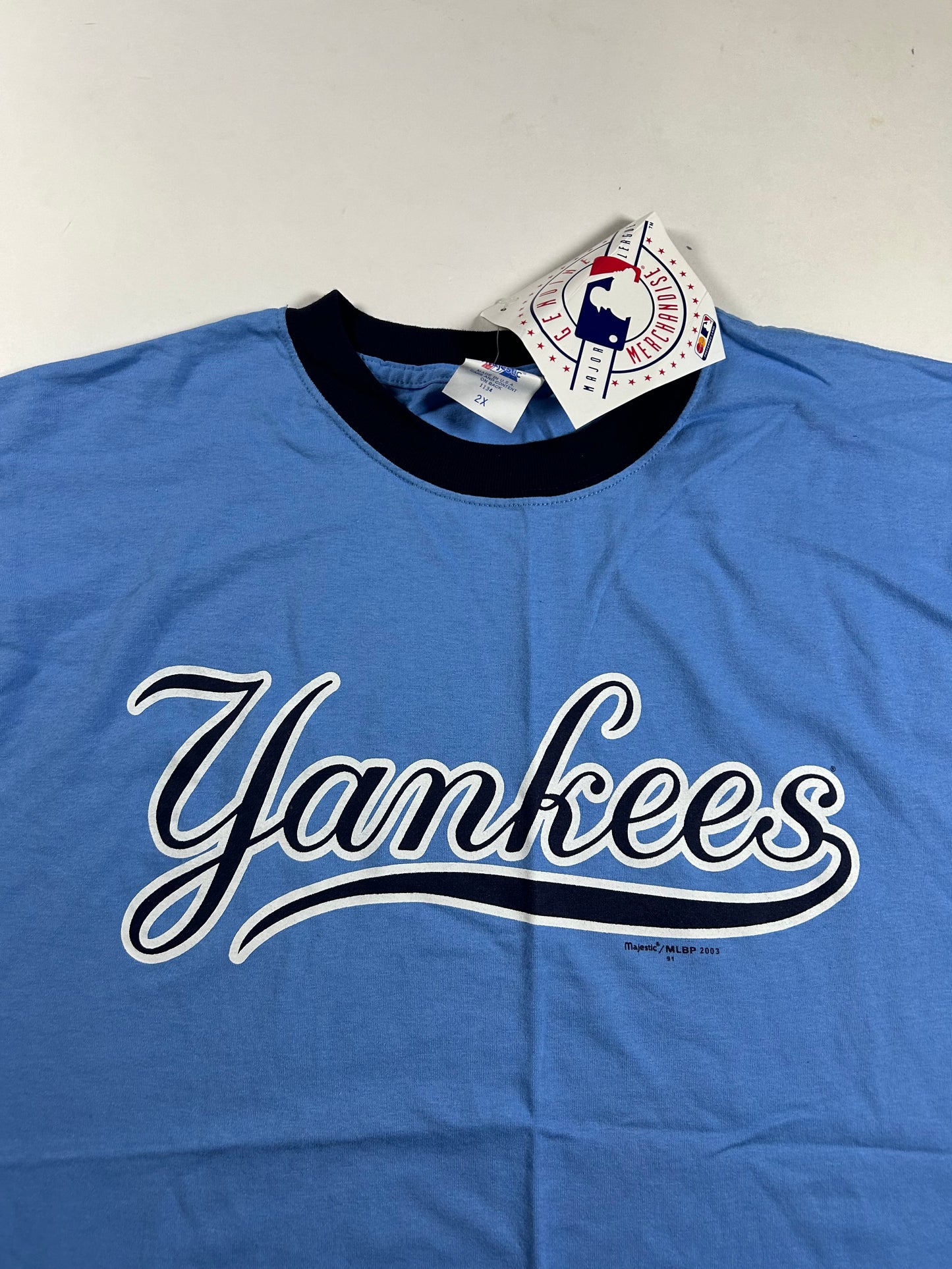 Brand New Vintage 2003 Majestic New York Yankees Script MLB Ringer Tee 2XL 24.5x32.5 Inches