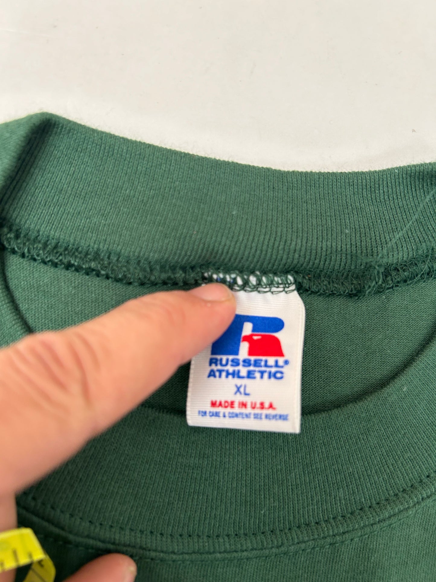 Edgewood NJ first edition “Deeper Than The Roots.” Tee XL 23.25x32 Inches 90s Russell Athletic Blank 100% Cotton USA Deep Forest Green