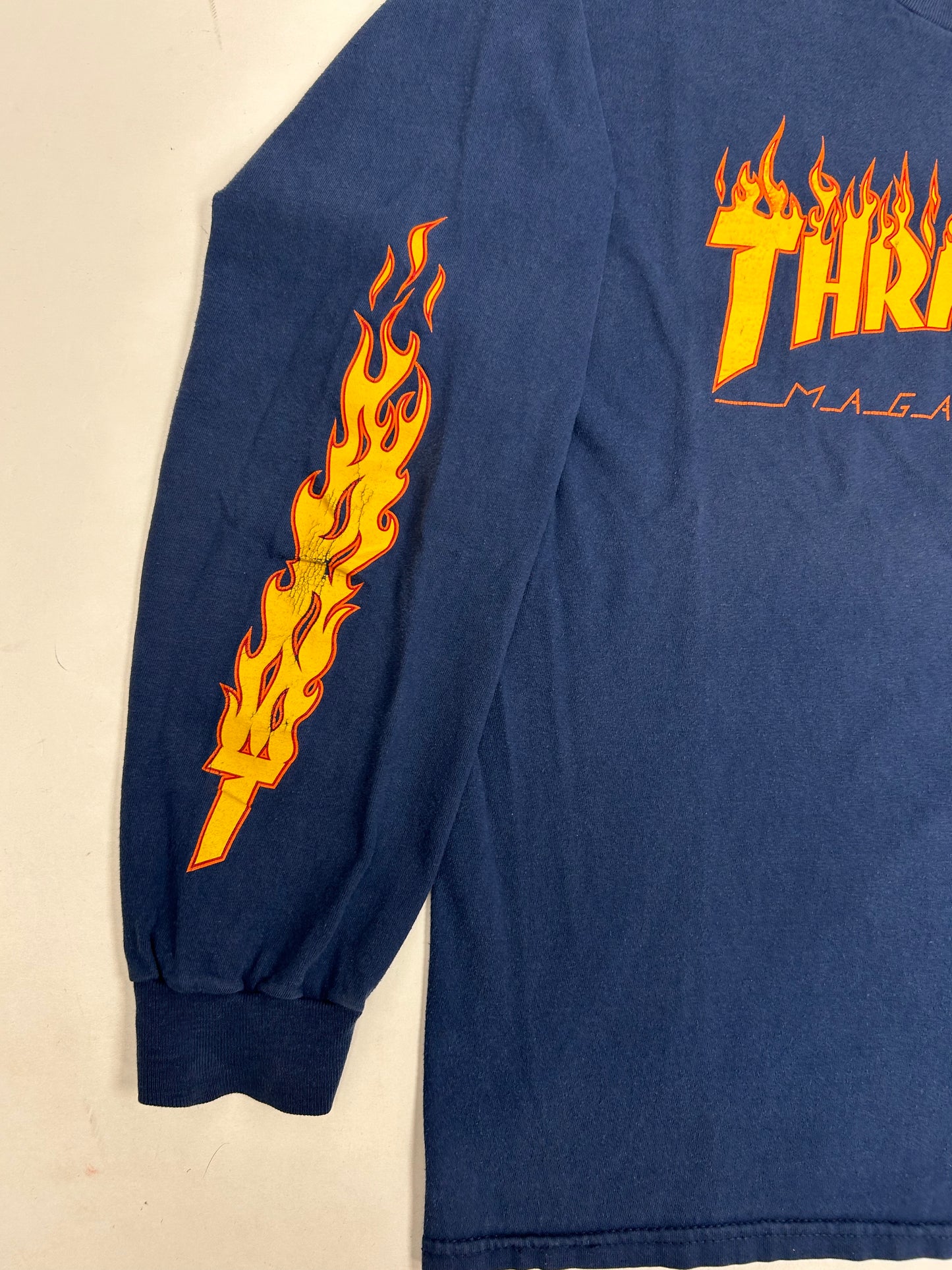 Vintage Thrasher Magazine Skateboard Flames Long Sleeve Skate Tee 22x28.25 Inches Large Hanes Tag