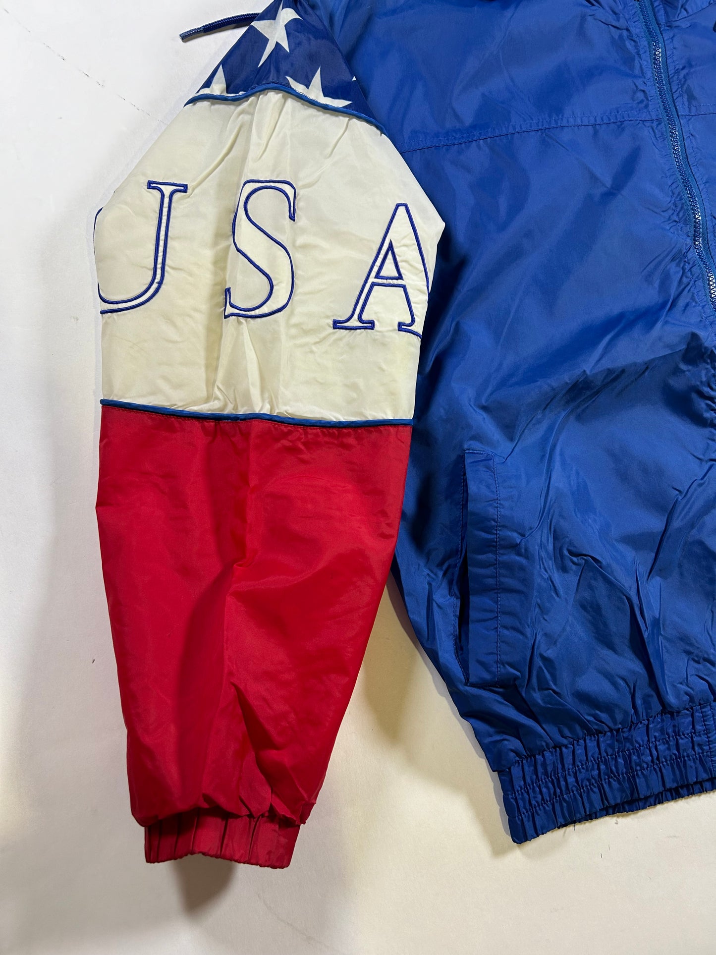 Vintage Starter 96 Atlanta Olympics Team USA Packable Hood Windbreaker Full Zip Jacket  Large 27.5x27.5 Inches