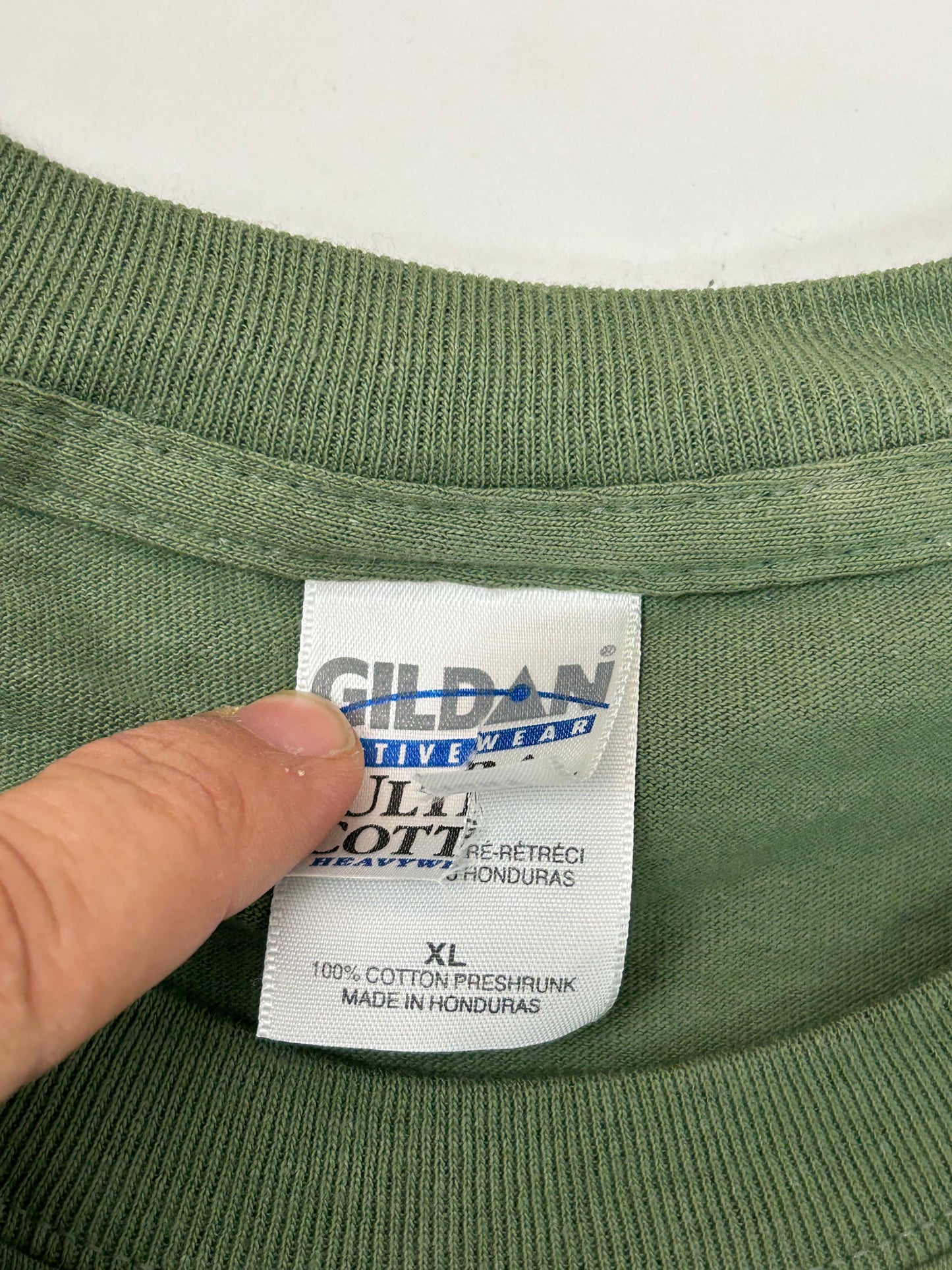 Edgewood NJ first edition “Deeper Than The Roots.” Tee XL 24.25x29 Inches 00s Gildan 100% Cotton Honduras Olive Green