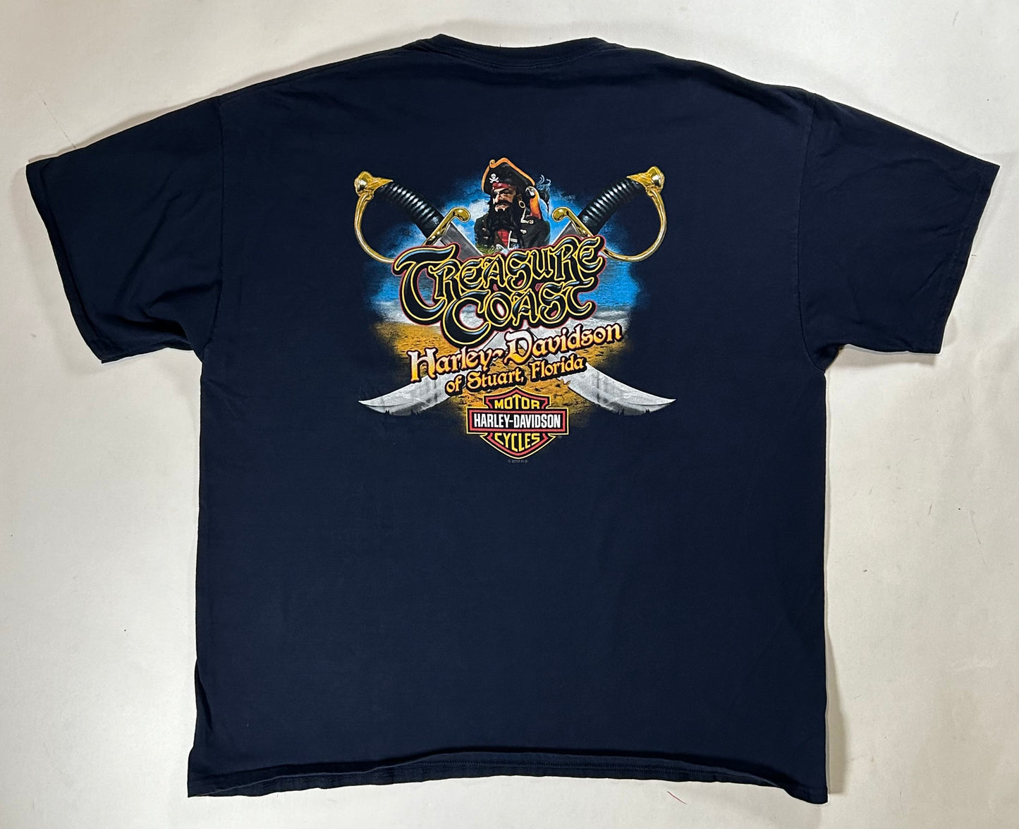 2010s Harley Davidson Motorcycles Treasure Coast Stuart Florida Pirate Graphic Tee 2XL 25.75x31 Inches Navy