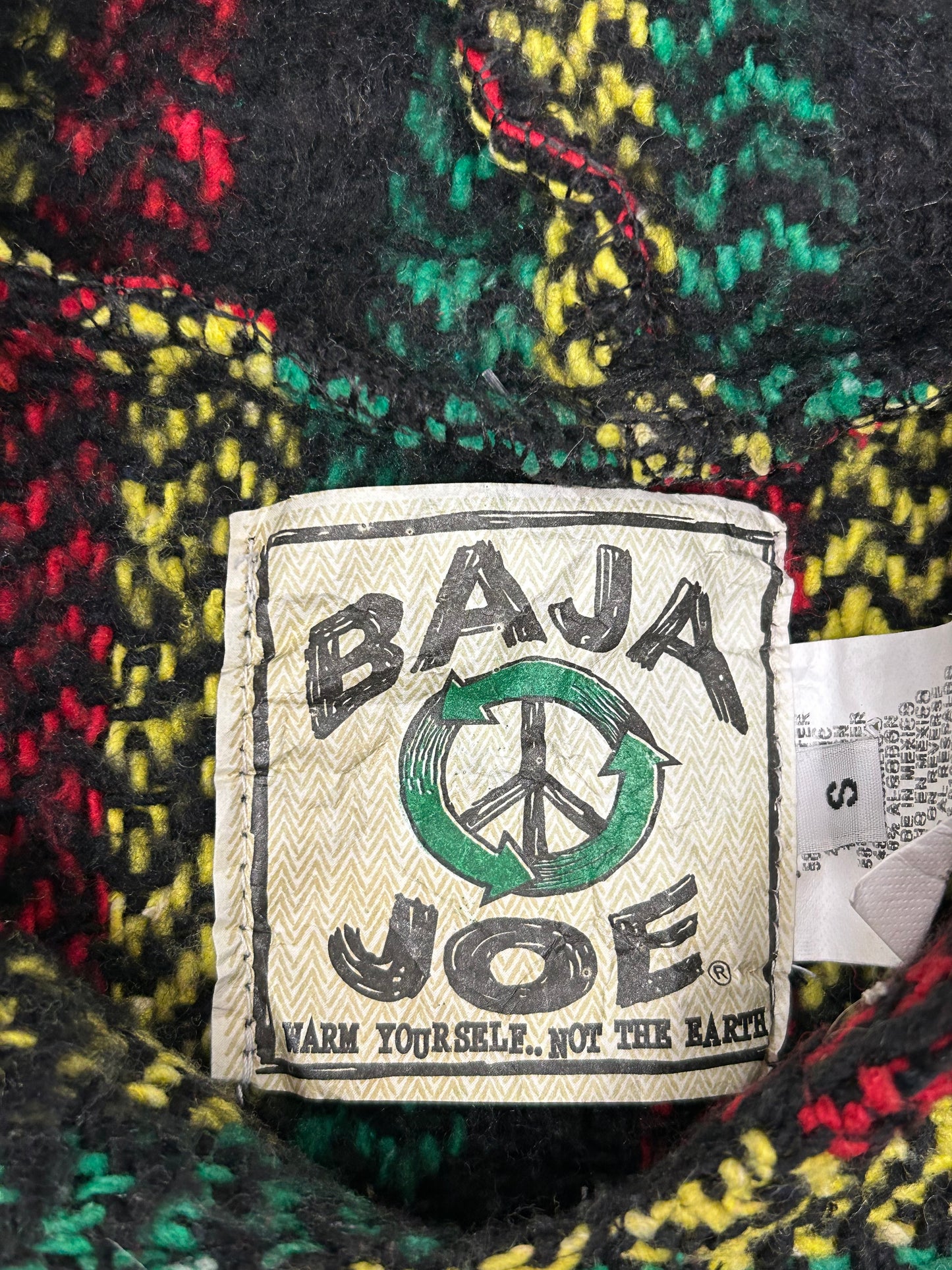 BAJA JOE Drug Rug Rasta Woven Knit Sweater Hoodie Jamaca Tagged Small Mexico