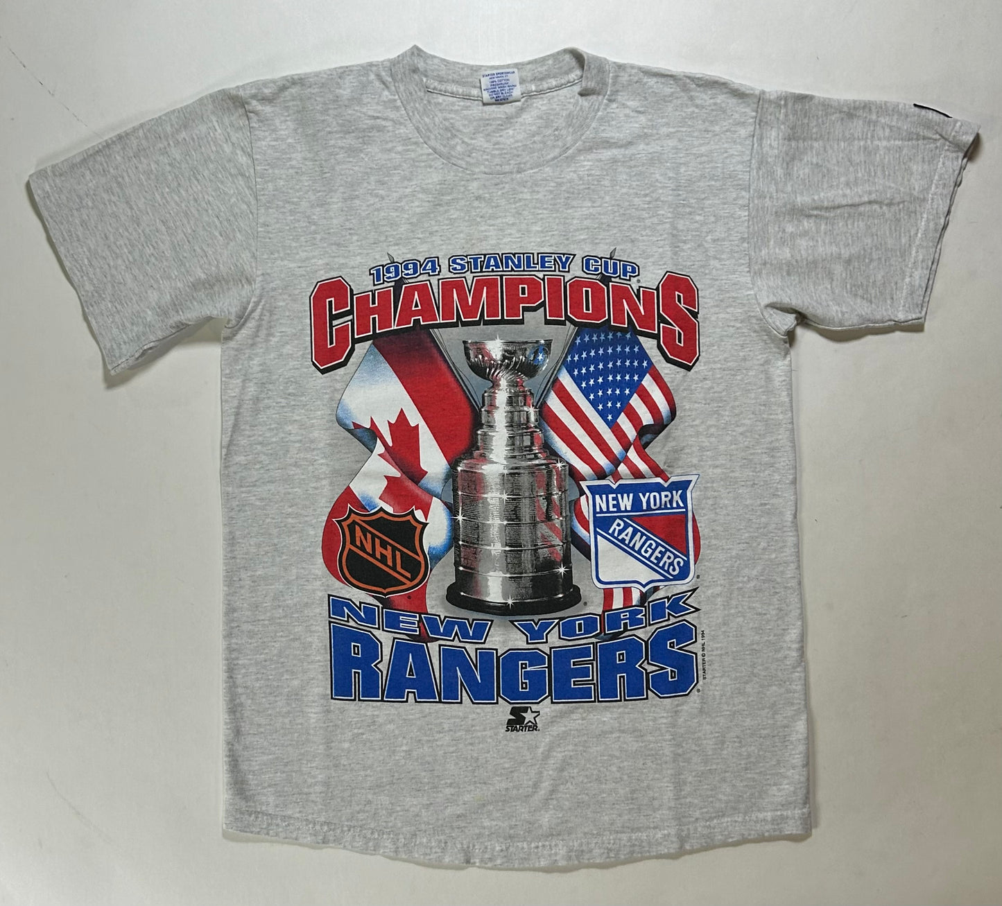 Vintage Starter New York Rangers 1994 NHL Stanley Cup Champions Tee Medium 19.75x27.5 Inches Gray