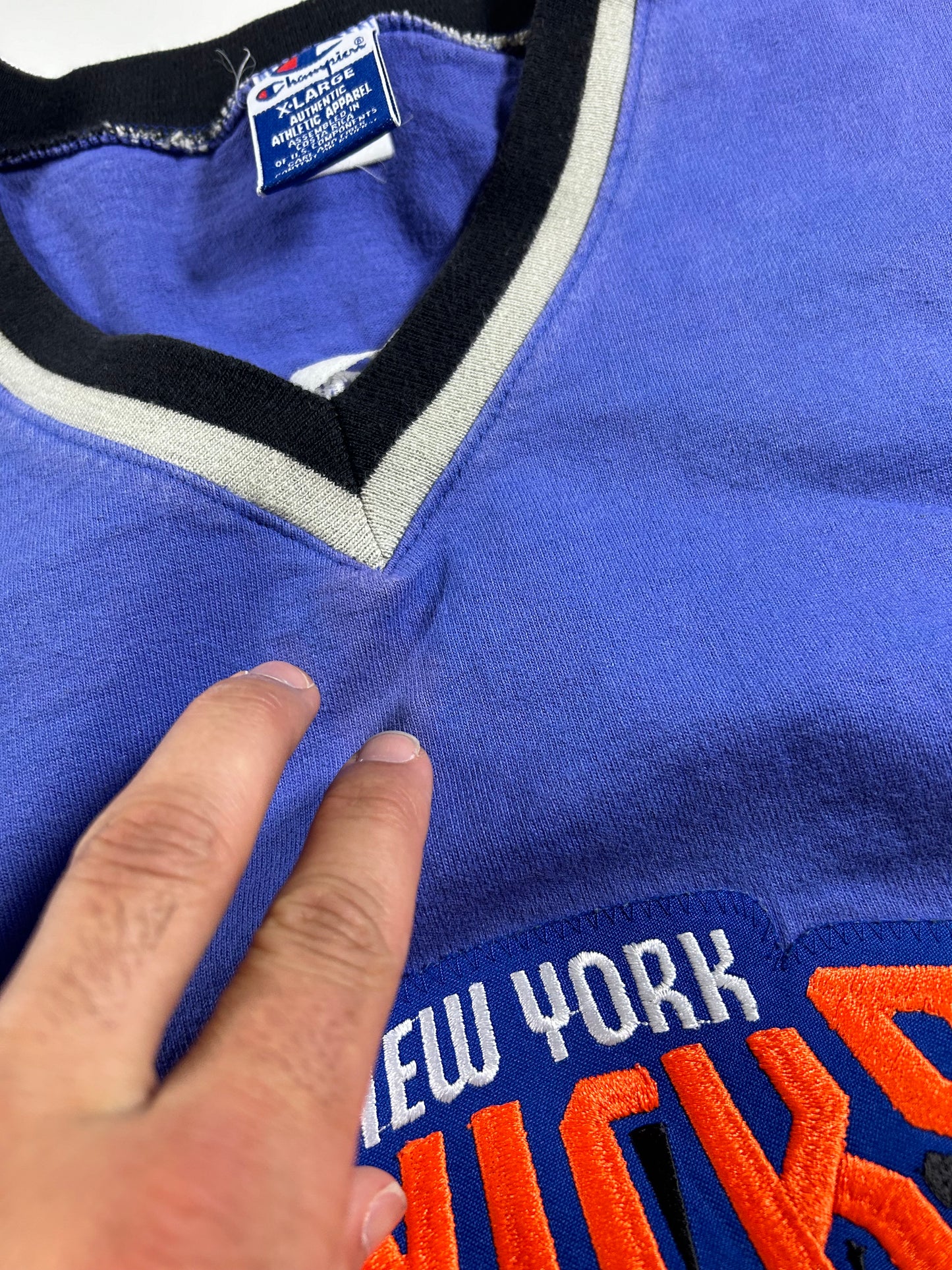 Vintage 90s New York Knicks Champion Authentic Shooting NBA Shirt XL 26x30.25 Inxhes As Is Has Faint Stain On Front Near V-Neck Area
