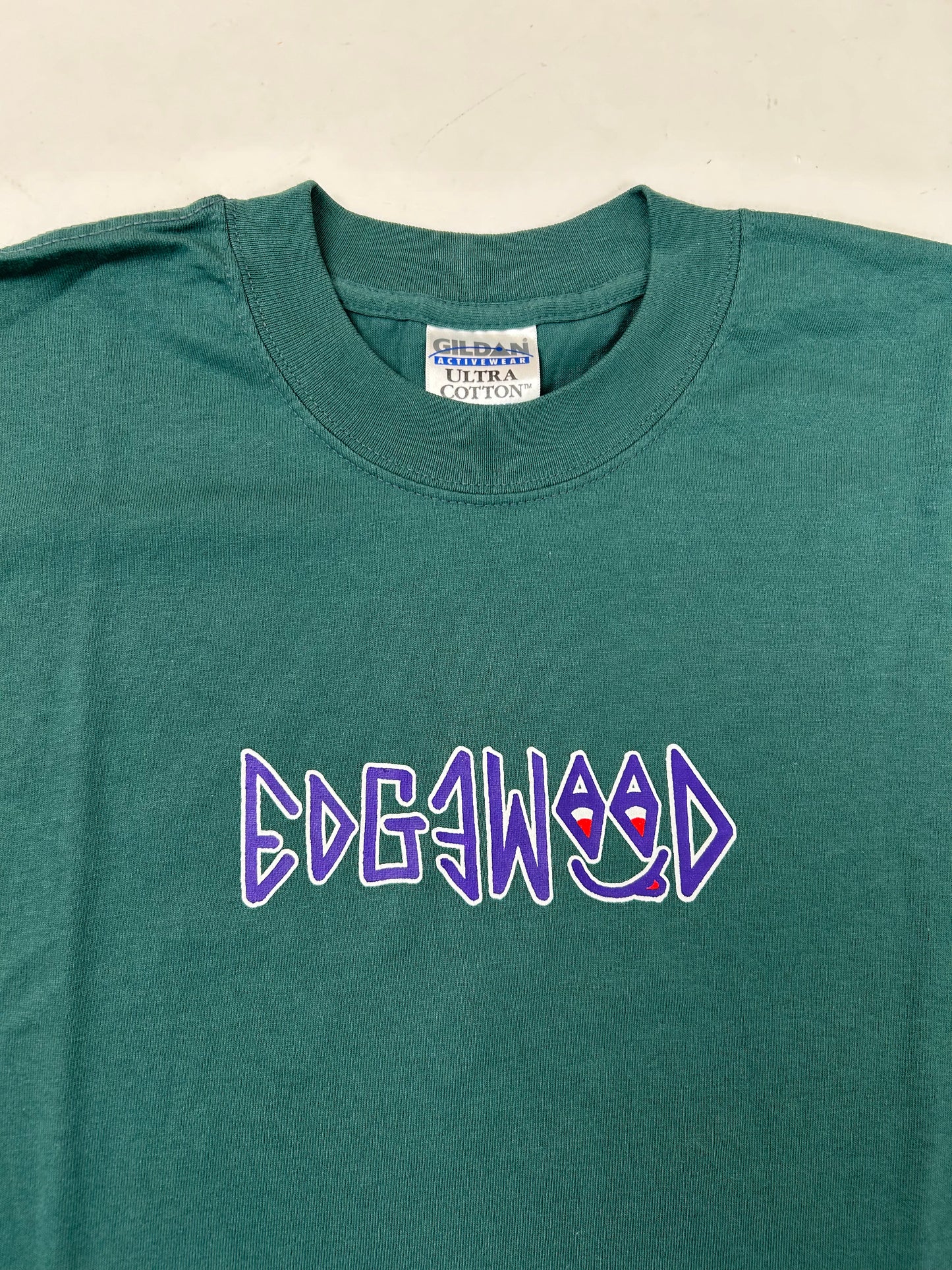 Edgewood NJ first edition “Deeper Than The Roots.” Tee Large 22x31.5 Inches 00s Gildan 100% Cotton Canada/Honduras Slate Green