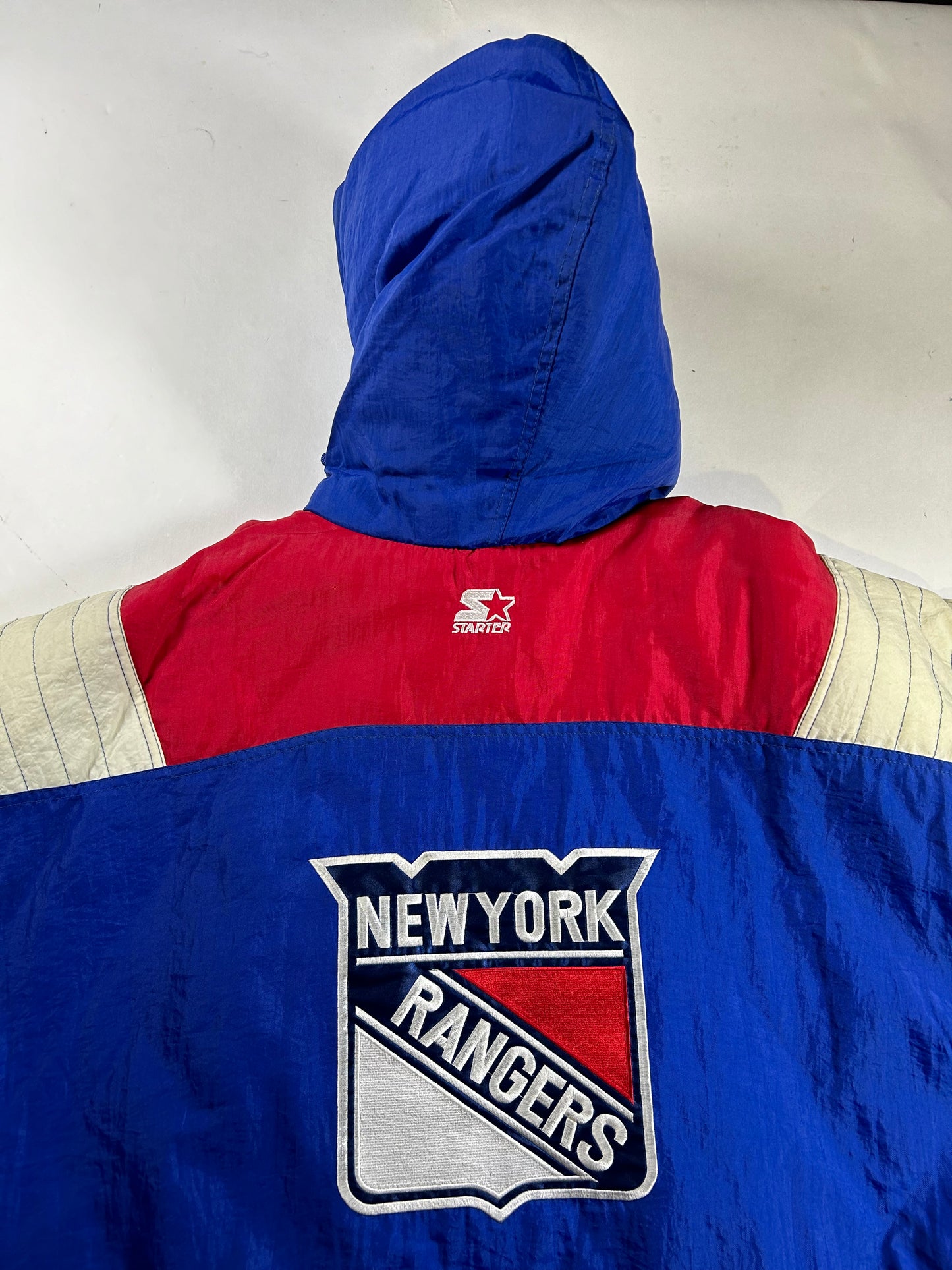 Vintage 90s Starter New York Rangers NHL Pullover Puffer Jacket Half Zip Hooded Jacket XL 29x30.25 Inches