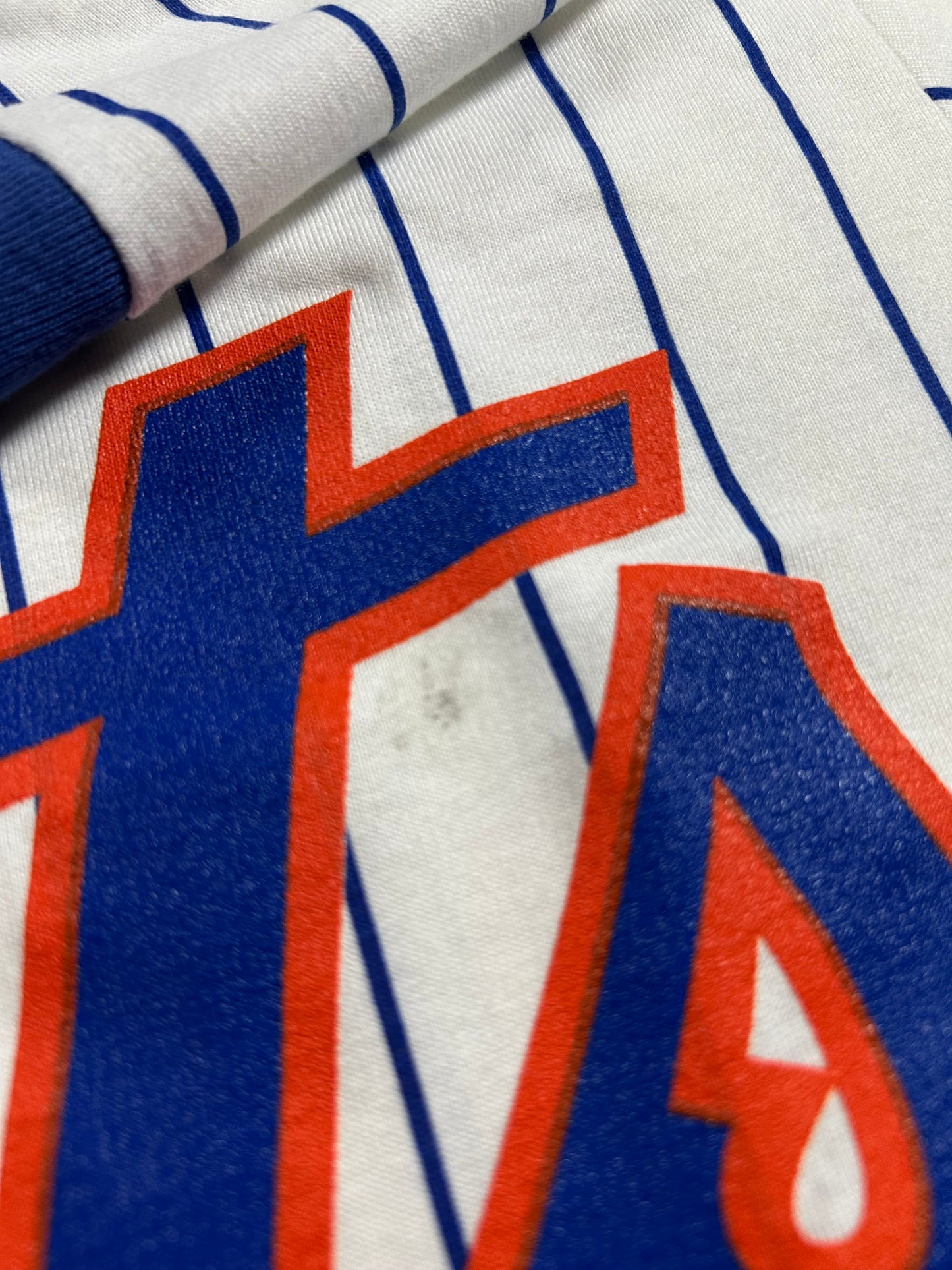 Vintage 90s Russell Athletic New York Mets MLB Pinstripe Baseball Jersey Style Tee Medium 20x29.5 Inches Small Spot