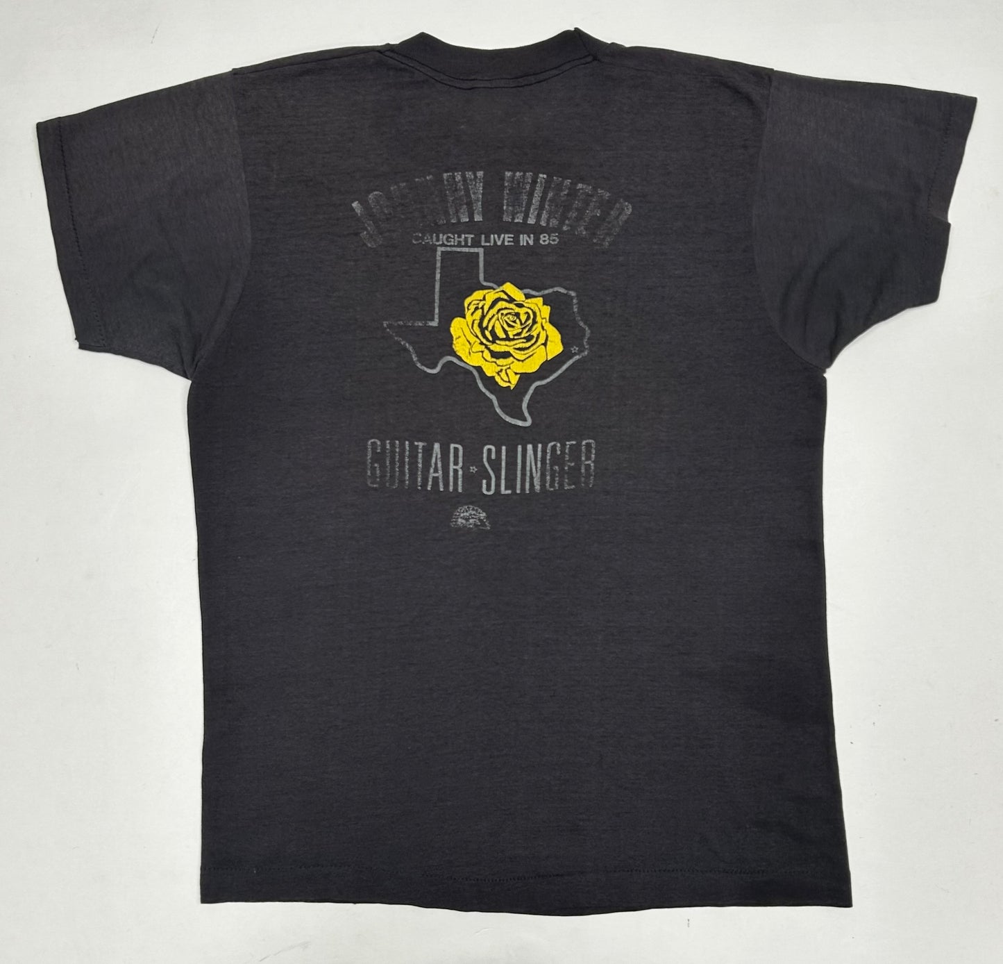 Vintage Johnny Winter Caught Live In ‘85 Guitar Slinger Music Band Tee Very Thin Shirt 18.75x25.5 Inches Small/Medium Fit