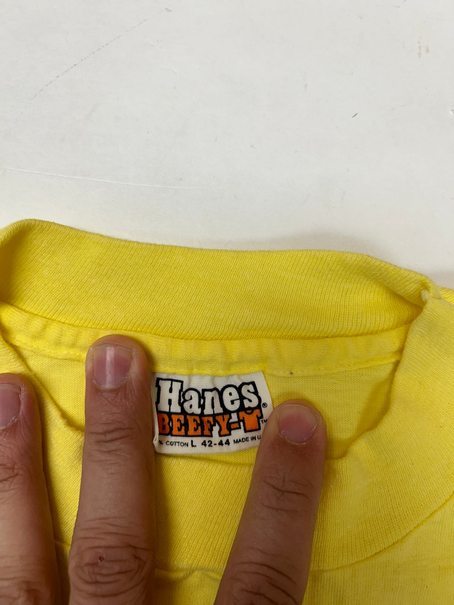 Vintage District Photo Inc Beltsville, Maryland Promo Tee 80s Hanes Beefy T Medium Fit 19.5x27.5 Inches Yellow As Is