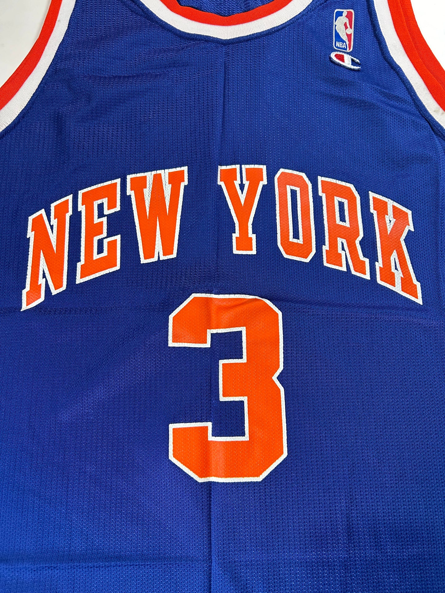 Vintage 90s Champion John Starks #3 New York Knicks NBA Felt Patch Jersey Blue 48 XL 23.5x32.5 Inches