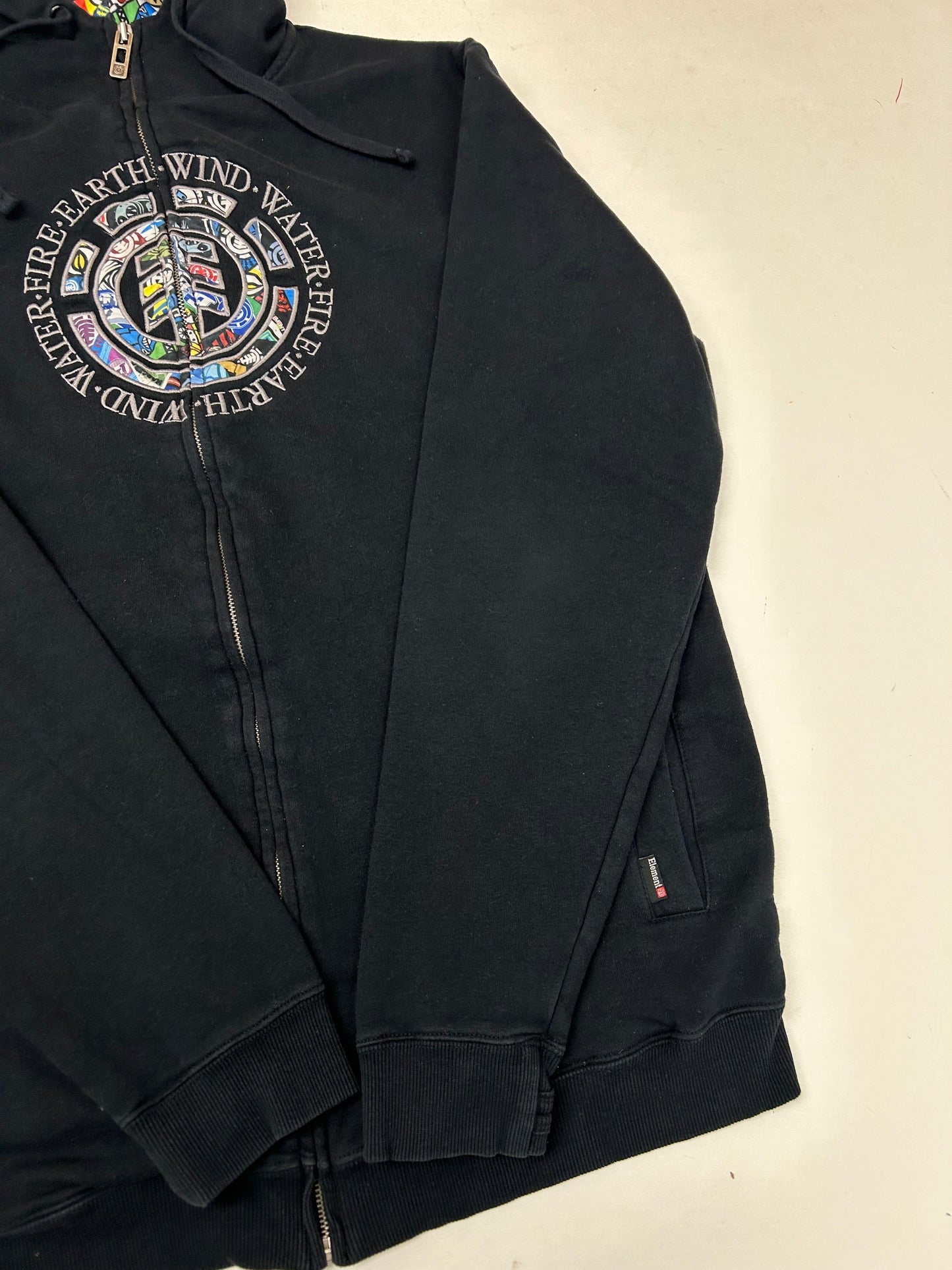 Vintage 00s Element Skatboards Earth•Wind•Water•Fire Collage Print Zip Up Hooded Sweatshirt XL/L Fit 24.25x30.25 Inches