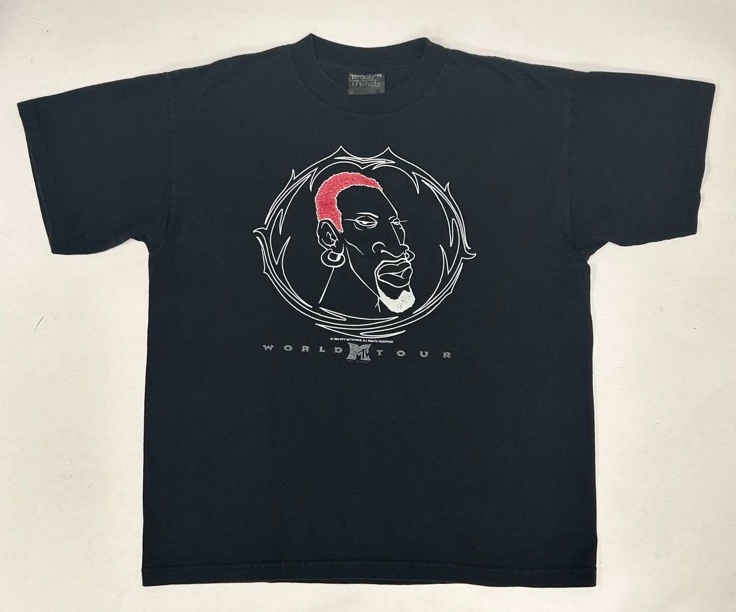 Vintage Dennis Rodman MTV World Tour 1996 Promo Tee XL 23.25x28 Inches Red Puffy Hair