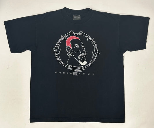 Vintage Dennis Rodman MTV World Tour 1996 Promo Tee XL 23.25x28 Inches Red Puffy Hair