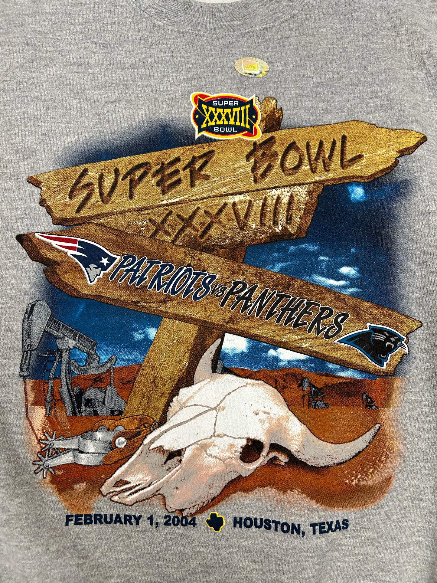 Vintage NFL Super Bowl XXXVIII 2004 Houston Texas Patriots Vs. Panthers Tee 2XL 29.5x32.25 Inches