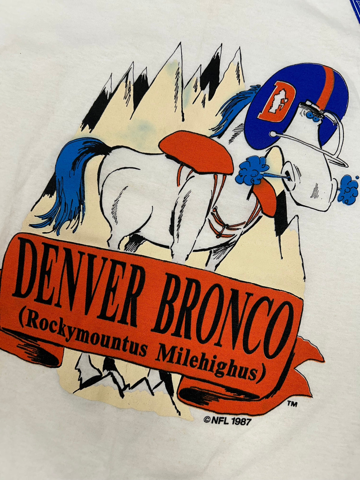 Vintage Logo 7 1987 Denver Broncos Rockymontus Milehighus NFL Tee Small/Med Fit 18.75x27.75 Inches DS Brand New As Is