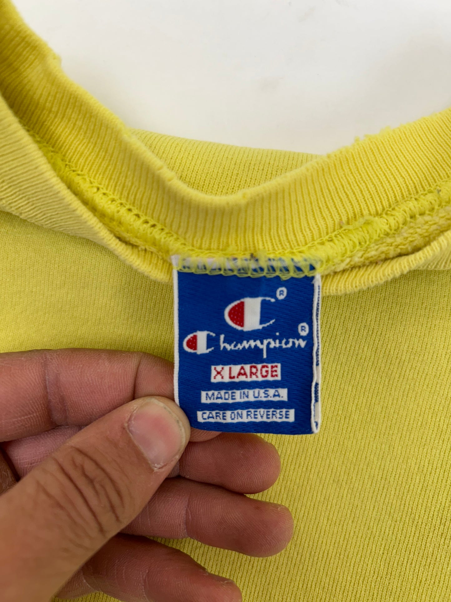 Vintage Champion Chest Script Logo Crewneck Sweatshirt Worn In Well Yellow USA Boxy Fit M/L 24.5x25 Inches As Is