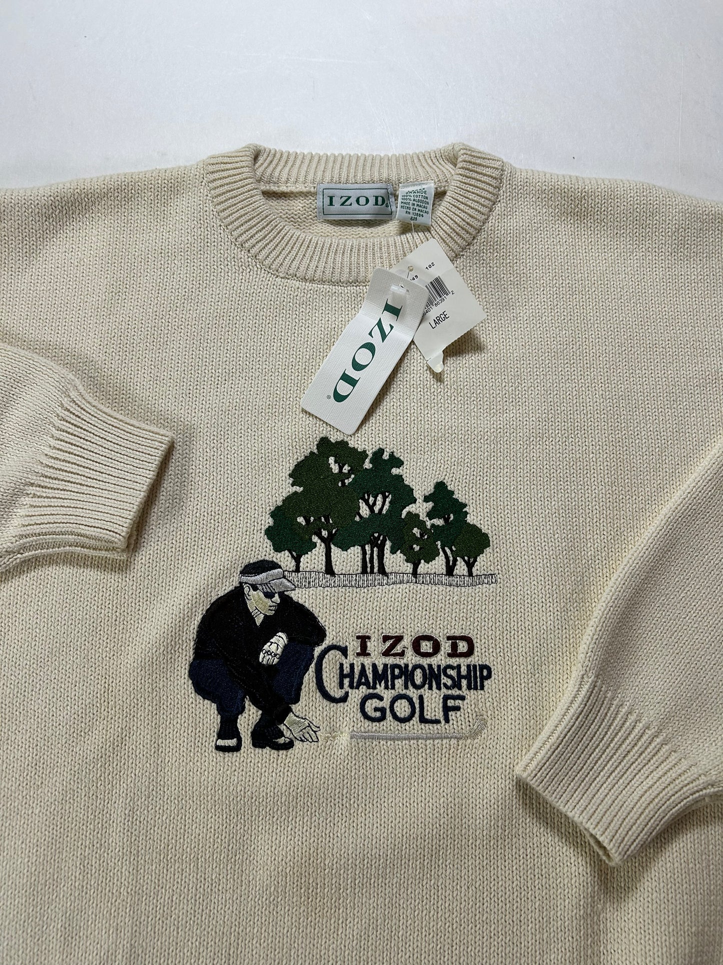 Vintage Izod Championship Golf Sweater Off White Knit Embroidered Mens Large 24.25x27.25 Inches