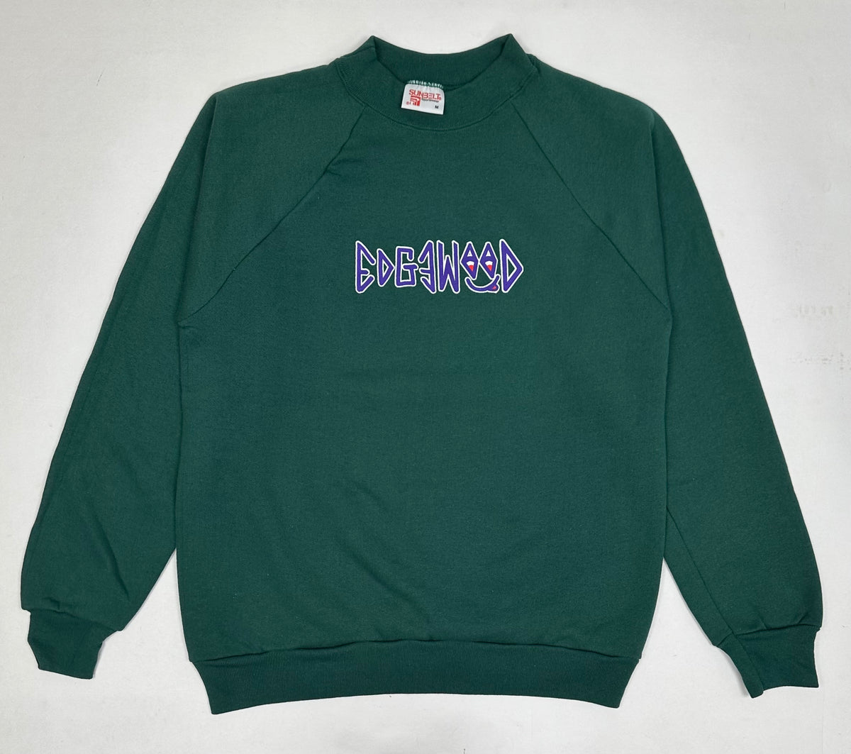 Edgewood NJ “Deeper Than The Roots.” First Edition Crewneck Sweatshirt Tagged Medium Can Fit Small 20x25.5 Forest Green Sunbelt Raglan Style USA 50/50
