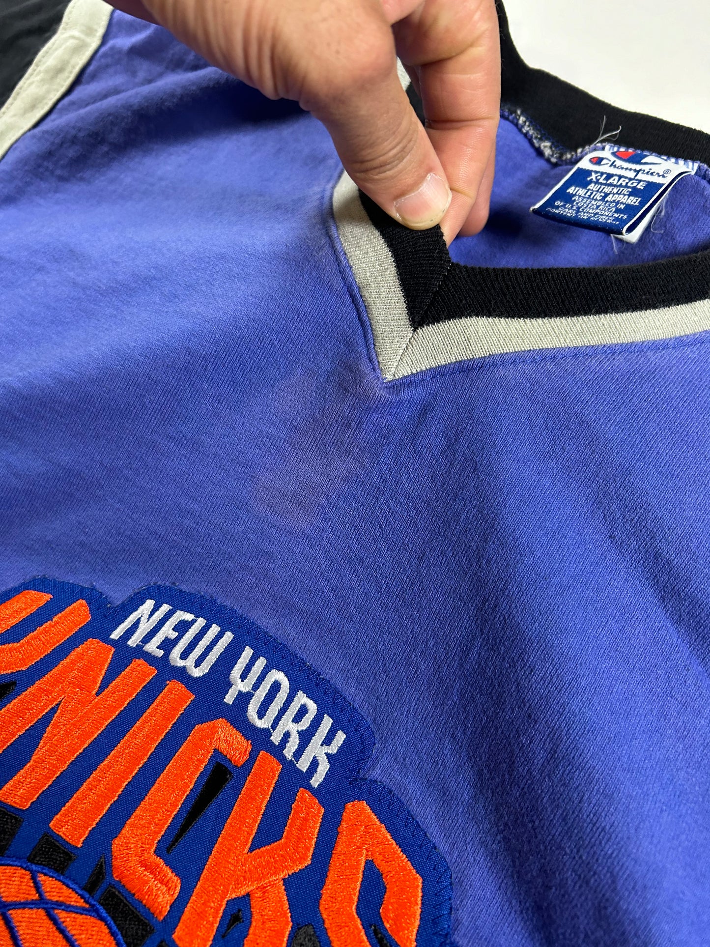 Vintage 90s New York Knicks Champion Authentic Shooting NBA Shirt XL 26x30.25 Inxhes As Is Has Faint Stain On Front Near V-Neck Area