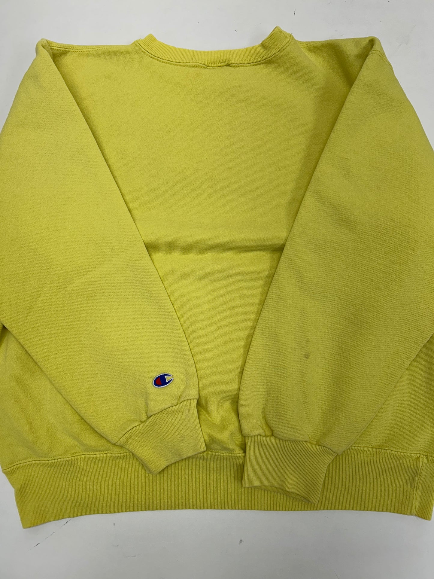Vintage Champion Chest Script Logo Crewneck Sweatshirt Worn In Well Yellow USA Boxy Fit M/L 24.5x25 Inches As Is
