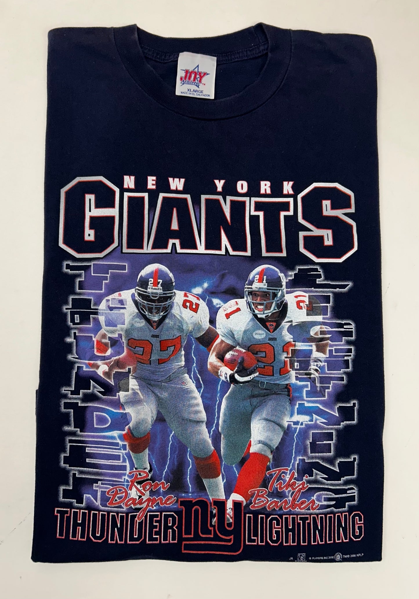 Vintage Joy Athletics 2000 New York Giants Thunder & Lighting Tiki Barber Ron Dayne NFL Tee XL