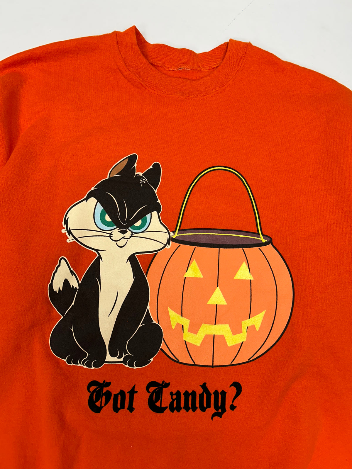 Vintage 2004 Looney Tunes Halloween Got Candy? Cat & Pumpkin Graphic Crewneck Sweatshirt L/XL Fit 24.75x30 Inches
