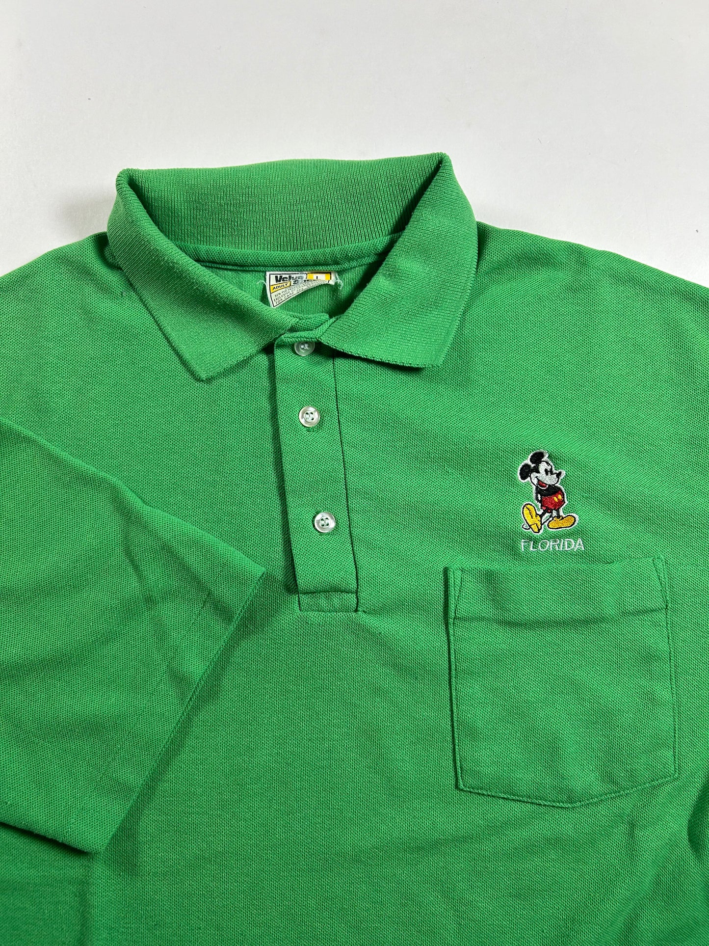 Vintage Velva Sheen Mickey Mouse Embroidered Logo Polo Shirt USA Green 21.75x26.5 Inches