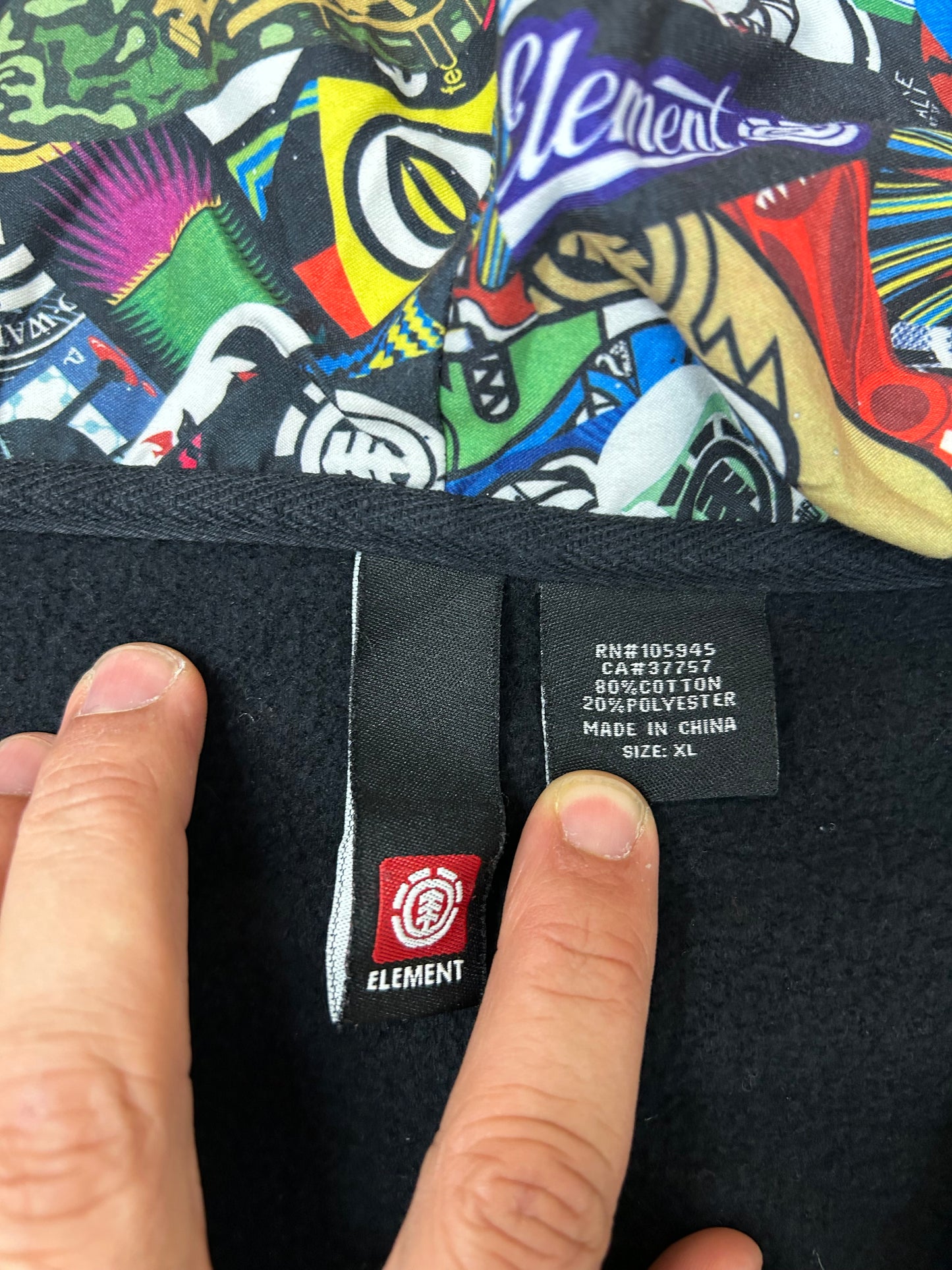 Vintage 00s Element Skatboards Earth•Wind•Water•Fire Collage Print Zip Up Hooded Sweatshirt XL/L Fit 24.25x30.25 Inches