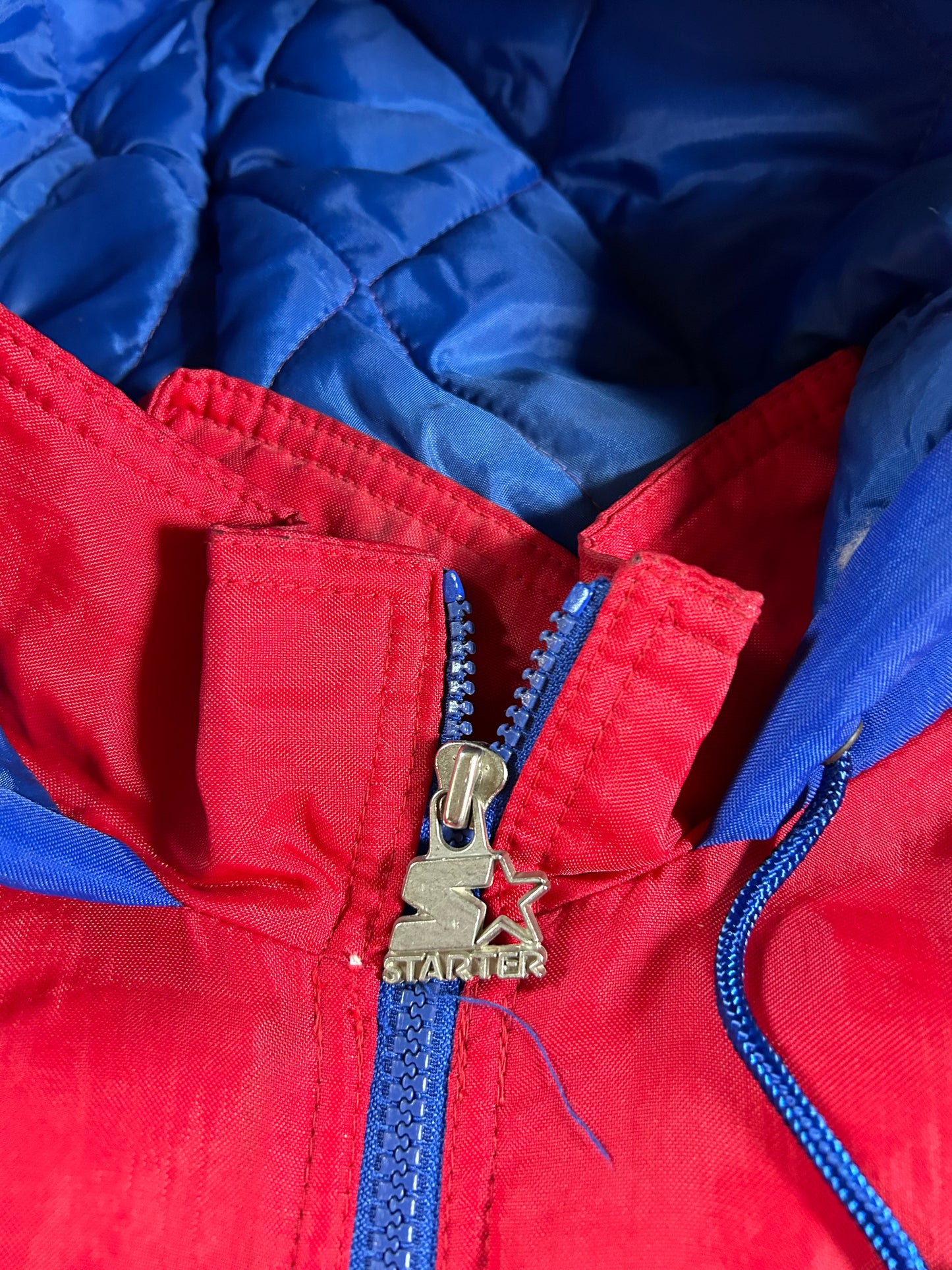 Vintage 90s Starter New York Rangers NHL Pullover Puffer Jacket Half Zip Hooded Jacket XL 29x30.25 Inches