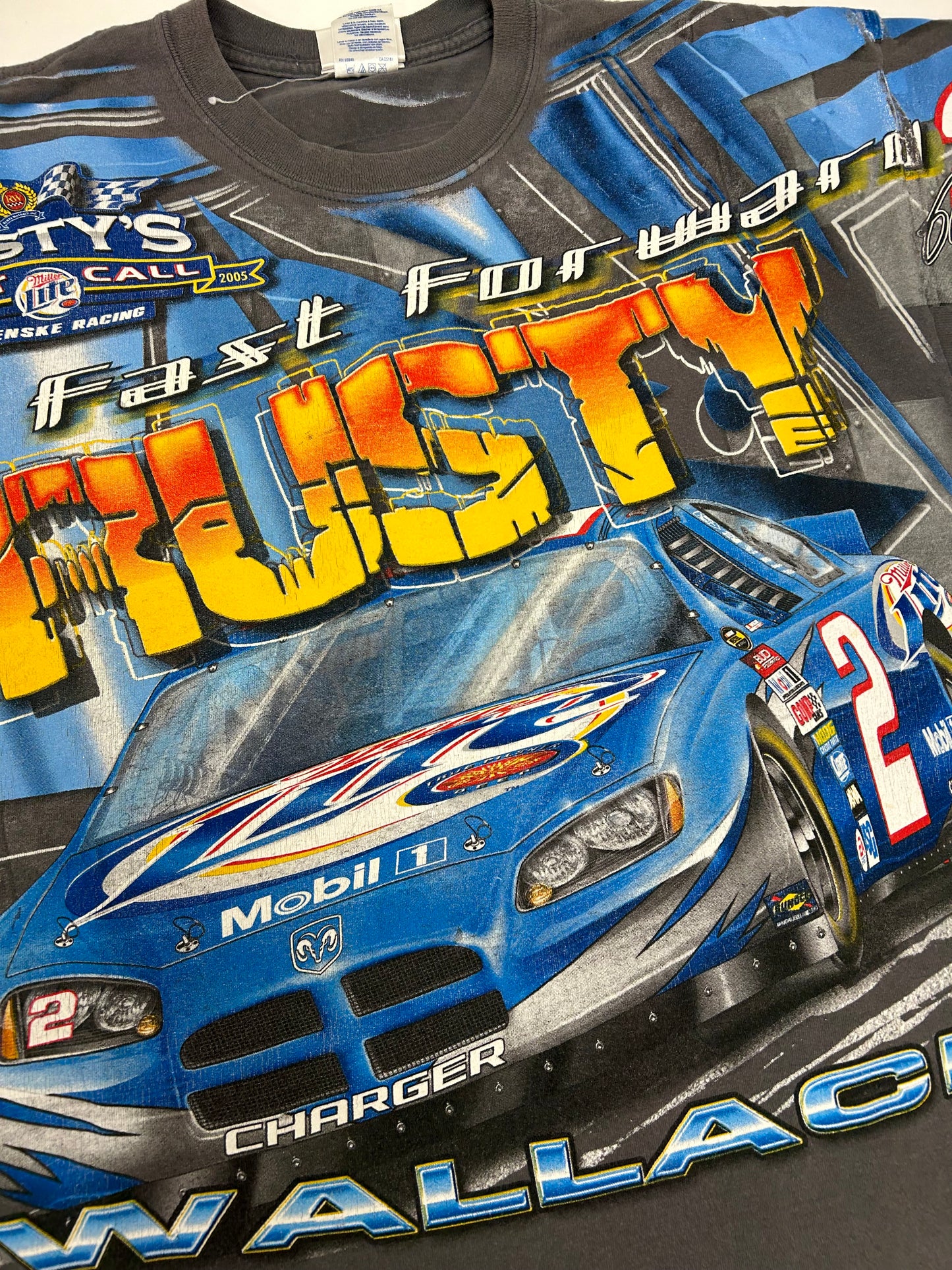 Vintage NASCAR Rusty Wallace Rusty’s Last Call All Over Print Shirt Dodge Car XL 24x30 Inches