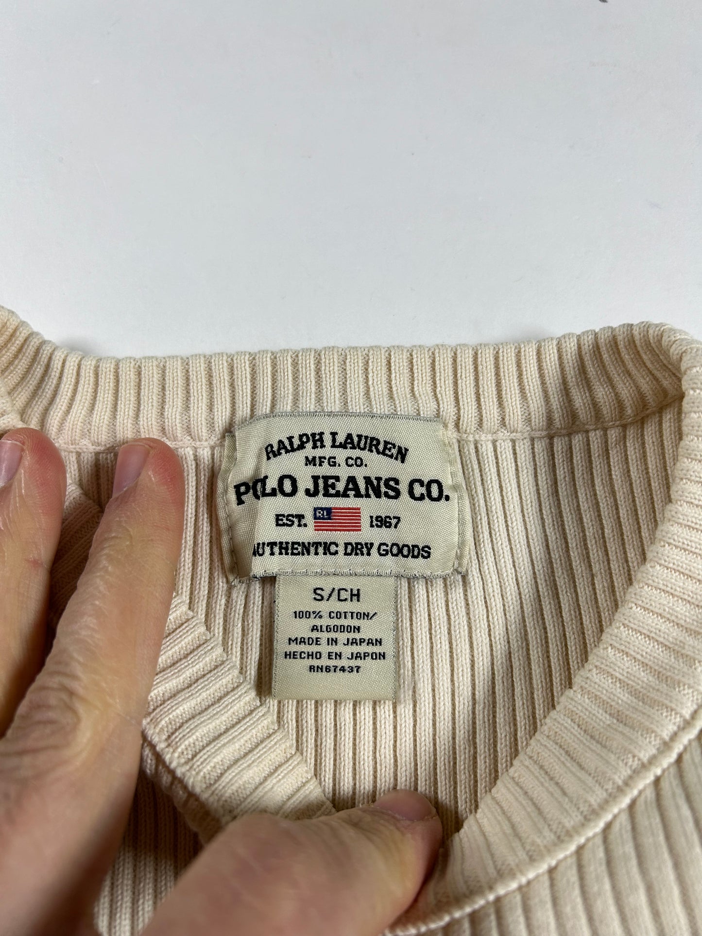 Vintage Polo Jeans Co Ralph Lauren Ribbed Cotton Sweater Cream Navy Stripe Small 20.25x24.25 Inches