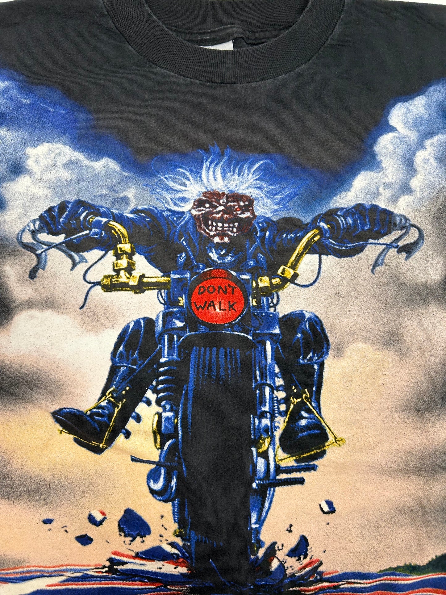 Vintage Iron Maiden Don’t Walk Eddie Motorcycle Graphic Music Band AOP Graphic Tee XL 24.5x28.5 Inches Tultex Tag