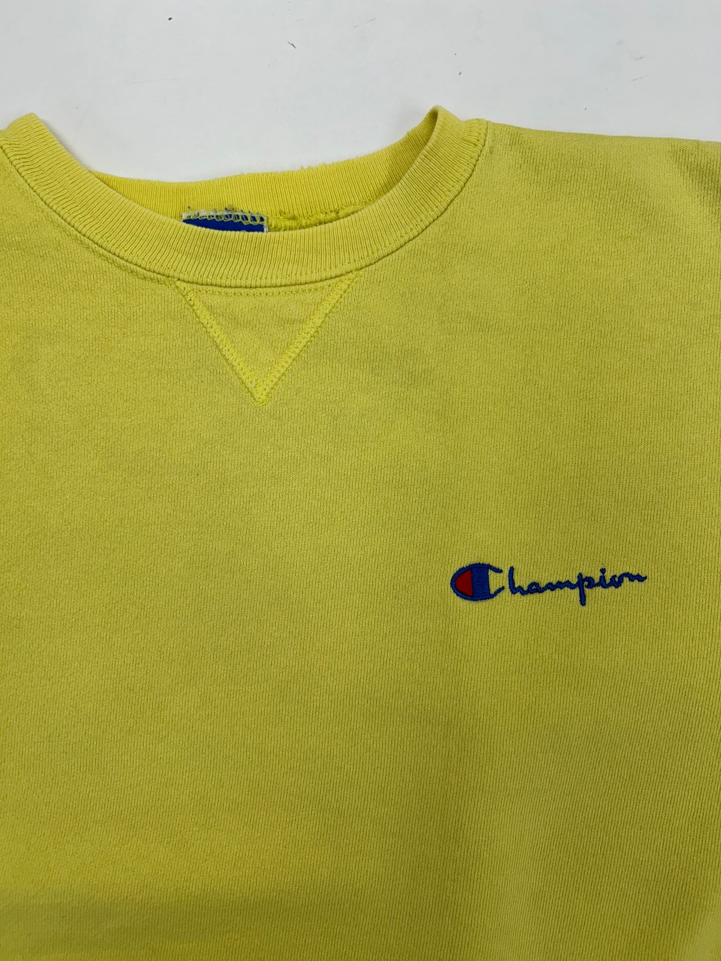 Vintage Champion Chest Script Logo Crewneck Sweatshirt Worn In Well Yellow USA Boxy Fit M/L 24.5x25 Inches As Is