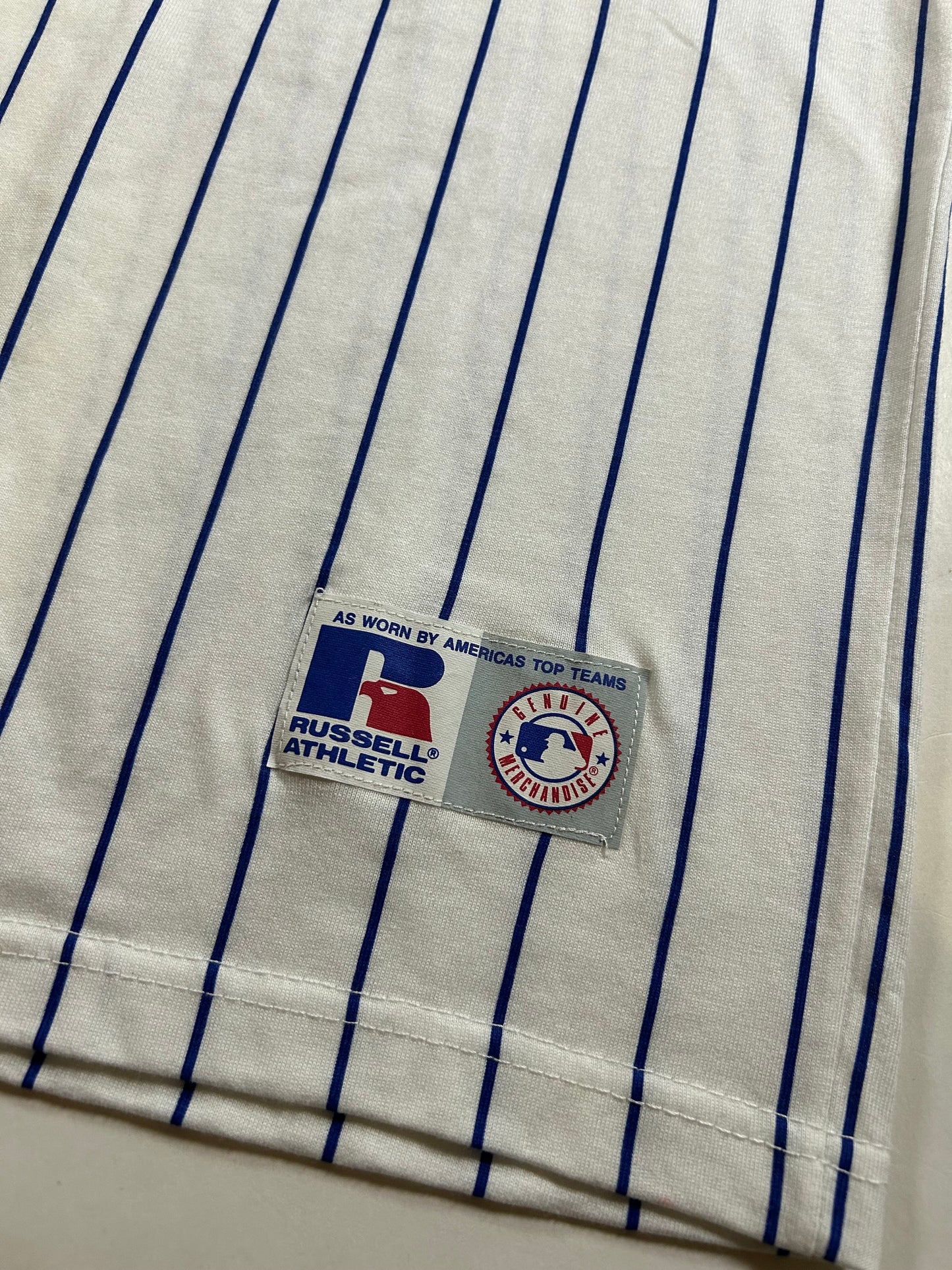 Vintage 90s Russell Athletic New York Mets MLB Pinstripe Baseball Jersey Style Tee Medium 20x29.5 Inches Small Spot