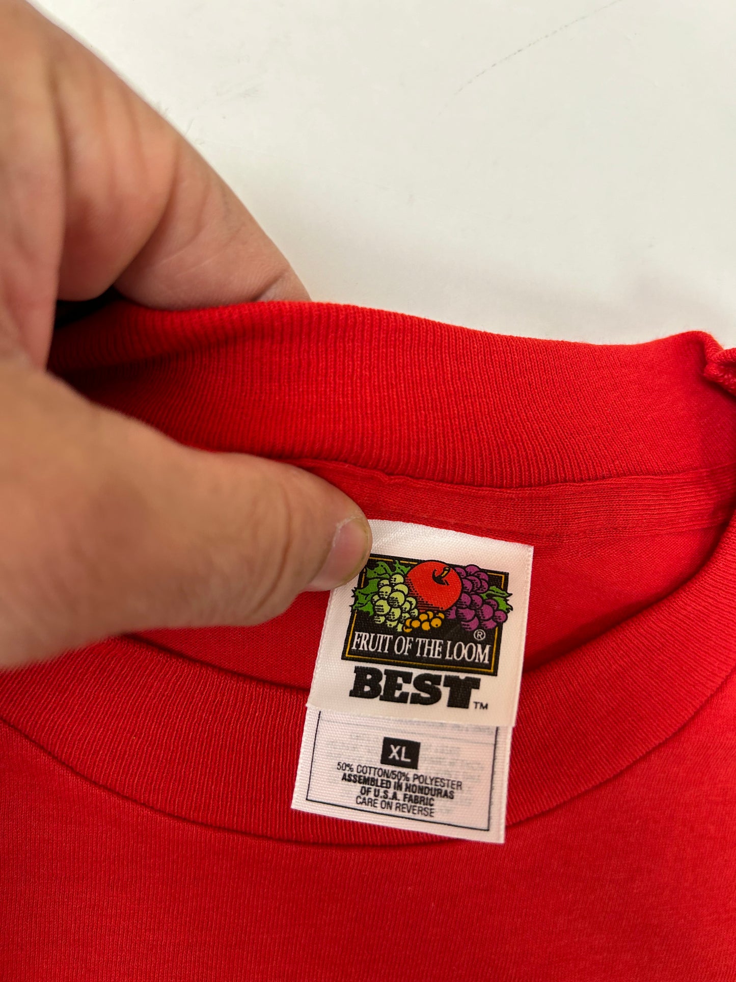 Edgewood NJ first edition “Deeper Than The Roots.” Tee XL 23.75x31 Inches 90s FOTL Best USA/Honduras Made 50/50 Blend Cherry Red