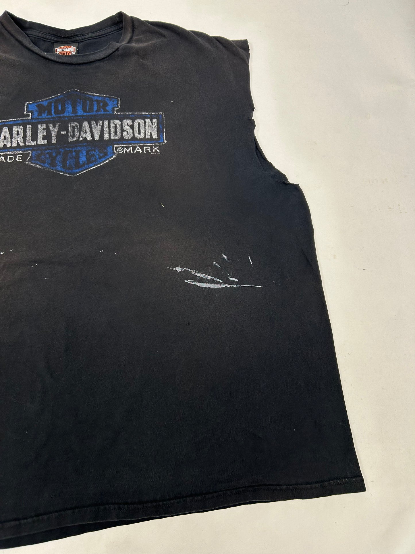 2010s Harley Davidson Motorcycles Six Bend Fort Myers Florida Chopped Sleeveless Tee 3XL 28.25x31.25 Inches As Is Wear & Fading