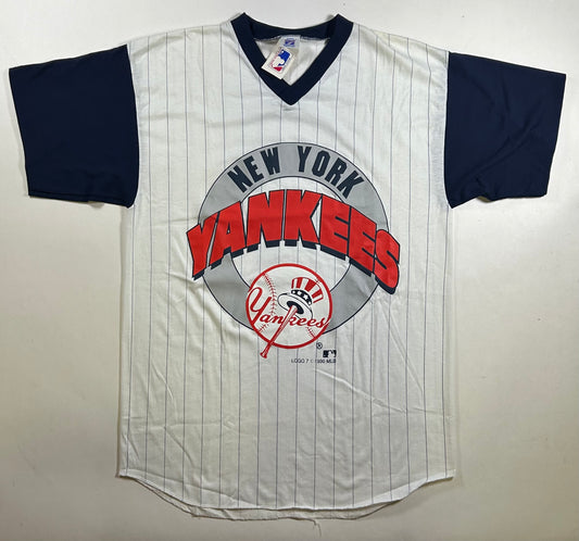Vintage Logo 7 1990 New York Yankees Pinstriped MLB Tee Brand New With Tag Large USA
