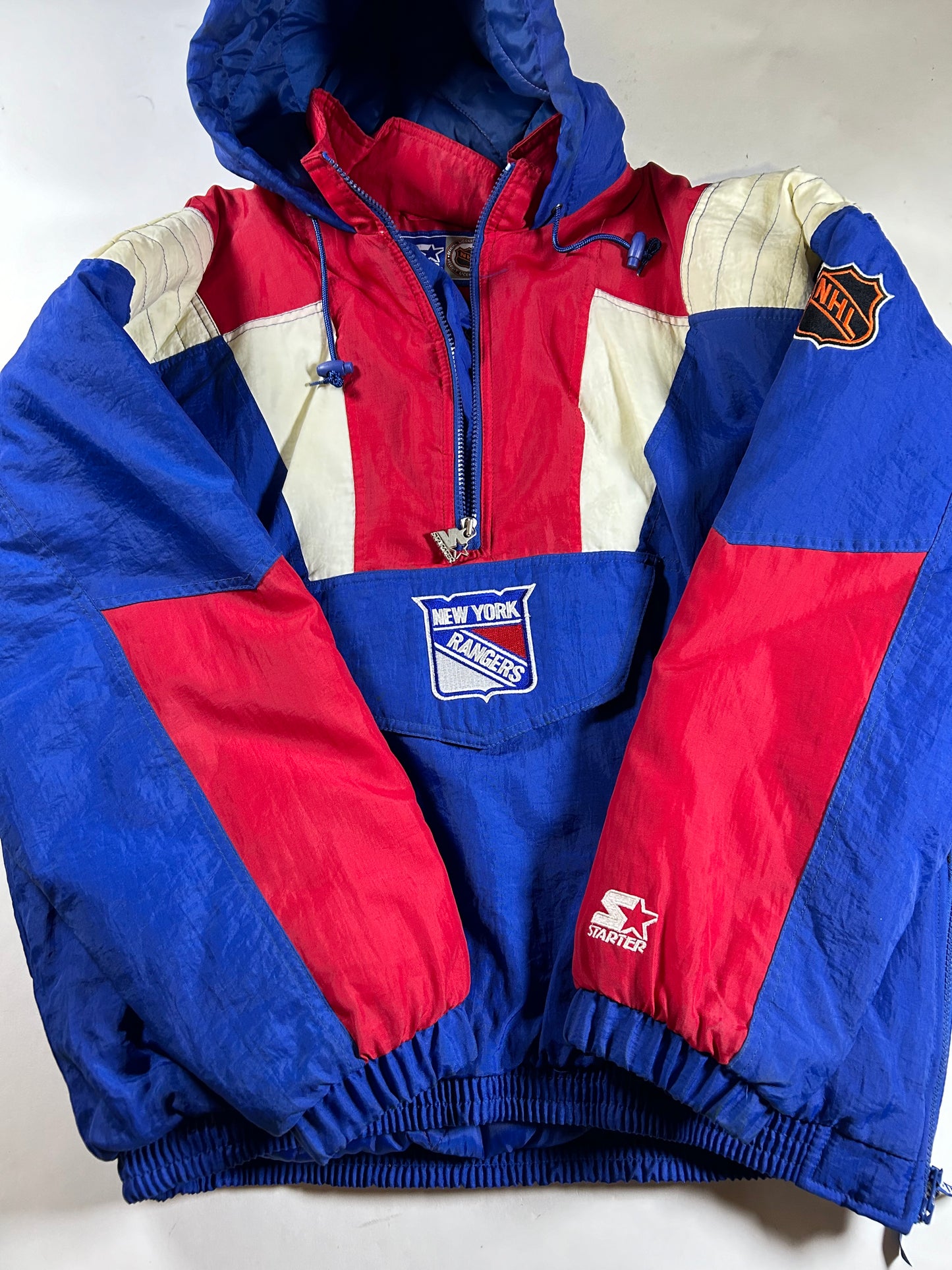 Vintage 90s Starter New York Rangers NHL Pullover Puffer Jacket Half Zip Hooded Jacket XL 29x30.25 Inches