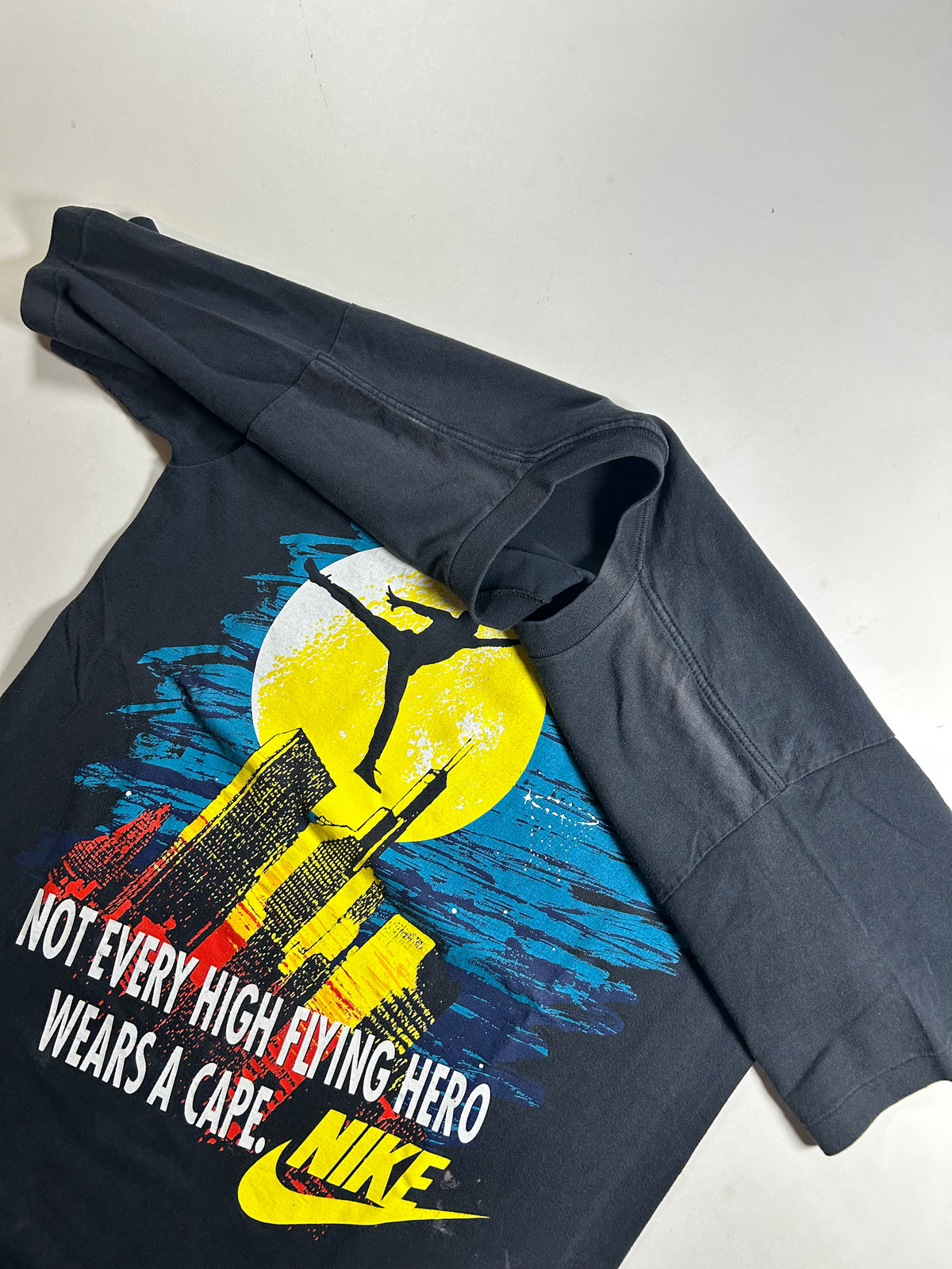 Vintage 90s Nike Air Jordan Not Every High Flying Hero Wears A Cape Tee Medium 19.75x28 Inches