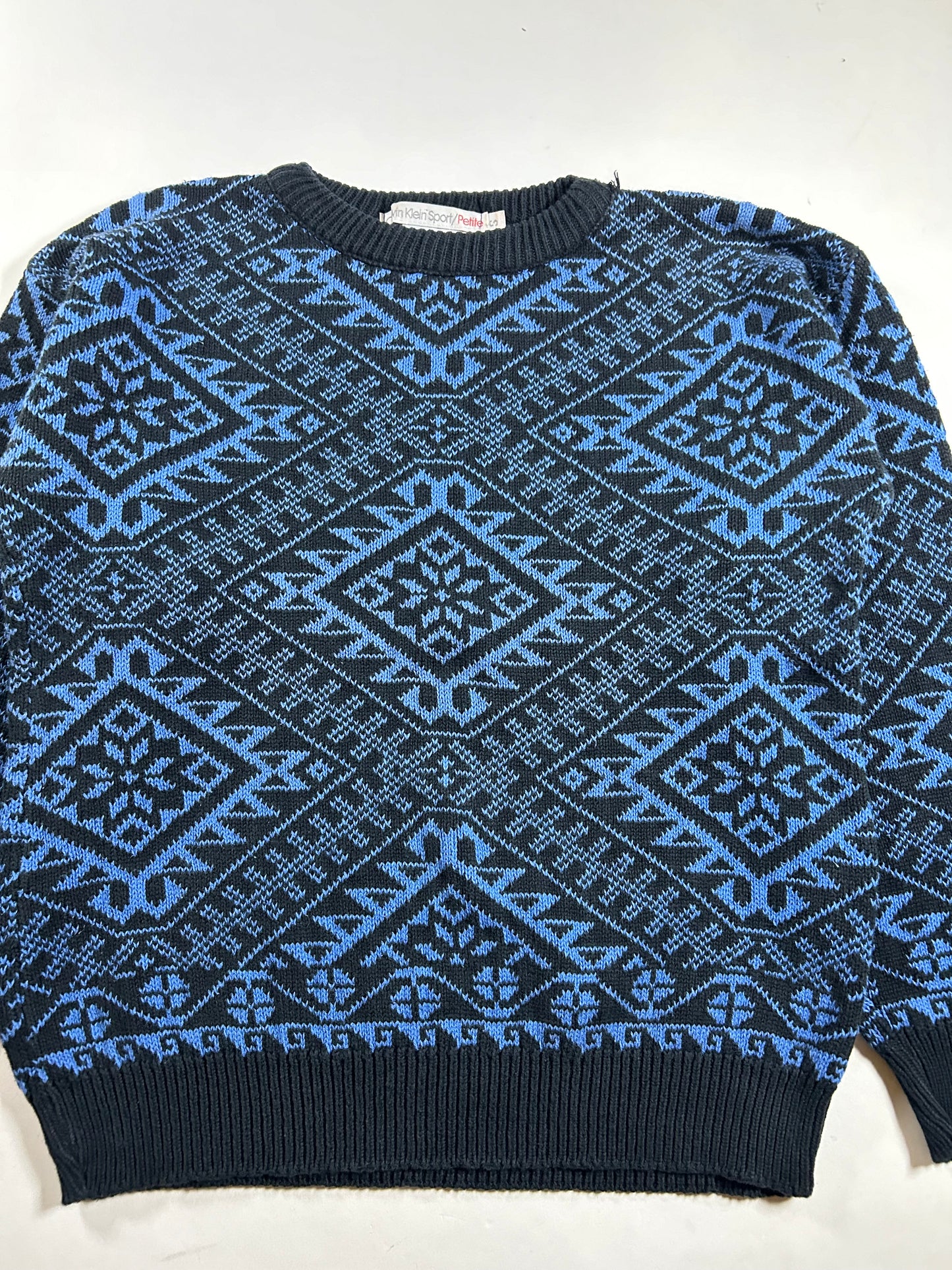 Vintage Calvin Klein Sport Petite Blue Black Geometric 90s USA Made Small Women’s 19x22 Inches