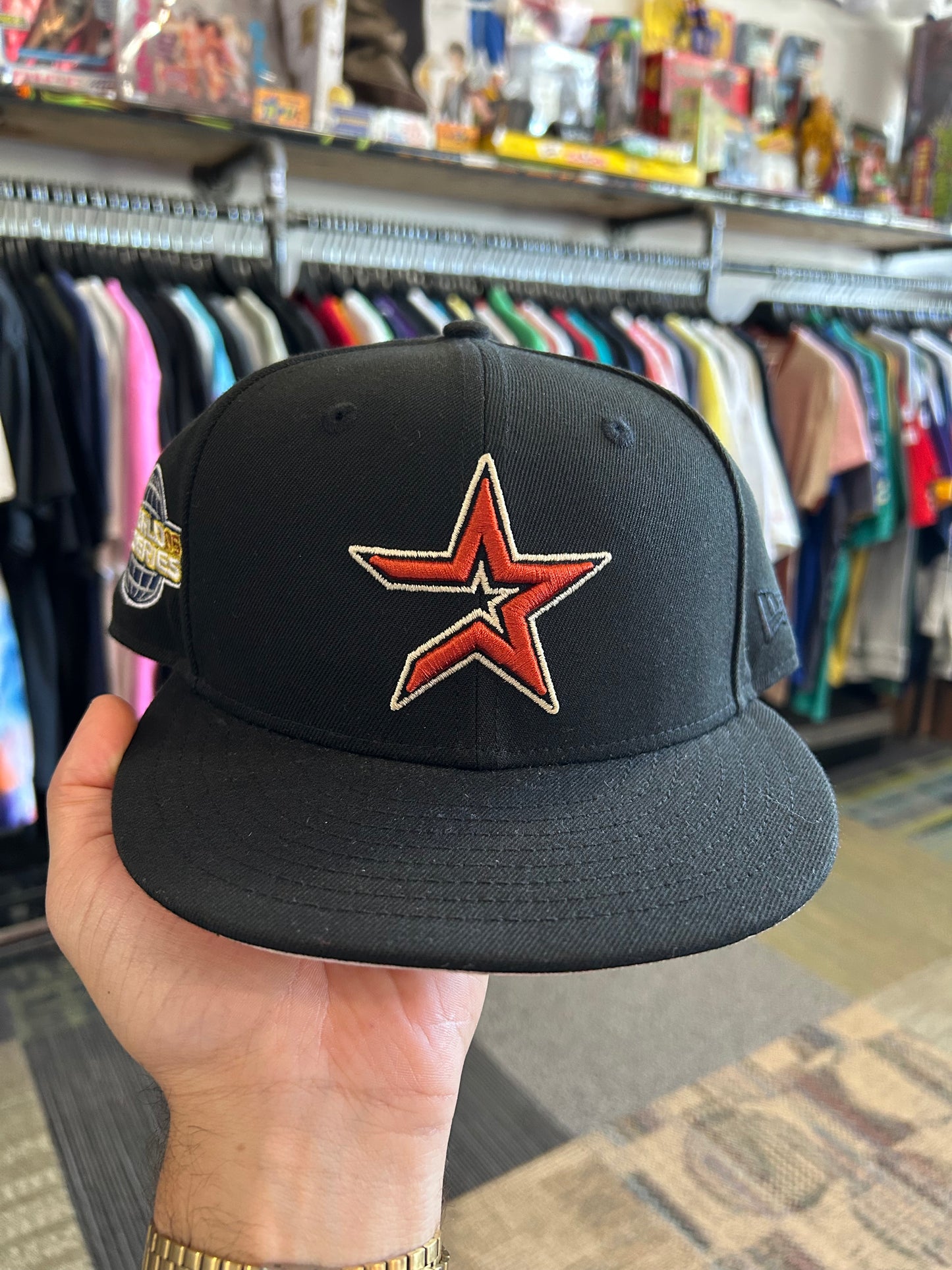 New Era 59Fifty Cooperstown Collection Houston Astros 2005 World Series Patch Fitted Hat Pink Underbrim Size 7 5/8 60.6 CM