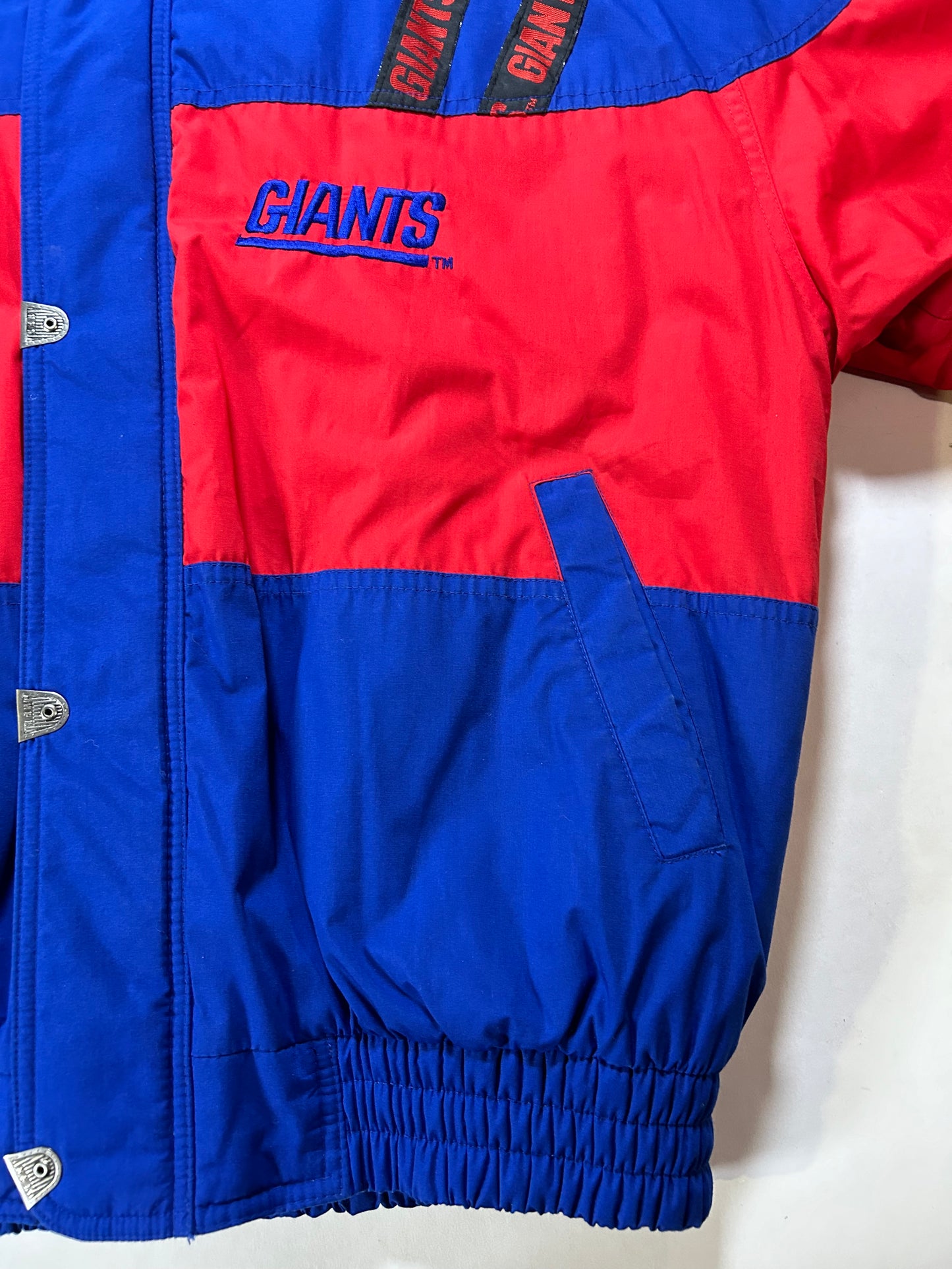 Vintage New York Giants NFL Puffer Packable Hood Jacket Large 25.75x29 Inches