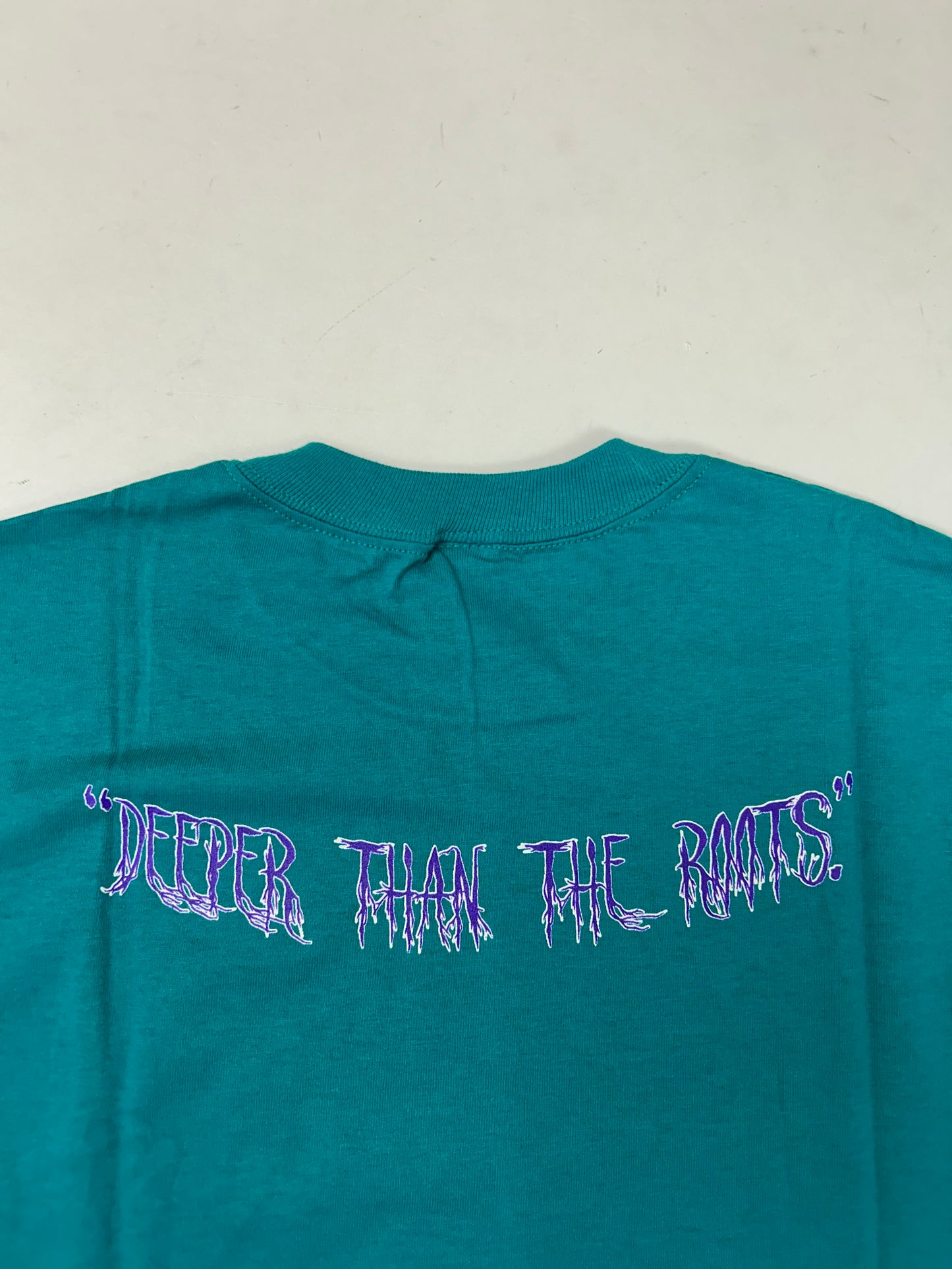 Edgewood NJ first edition “Deeper Than The Roots.” Tee Medium 90s Russell Athletic USA 100% Cotton Aqua Blue