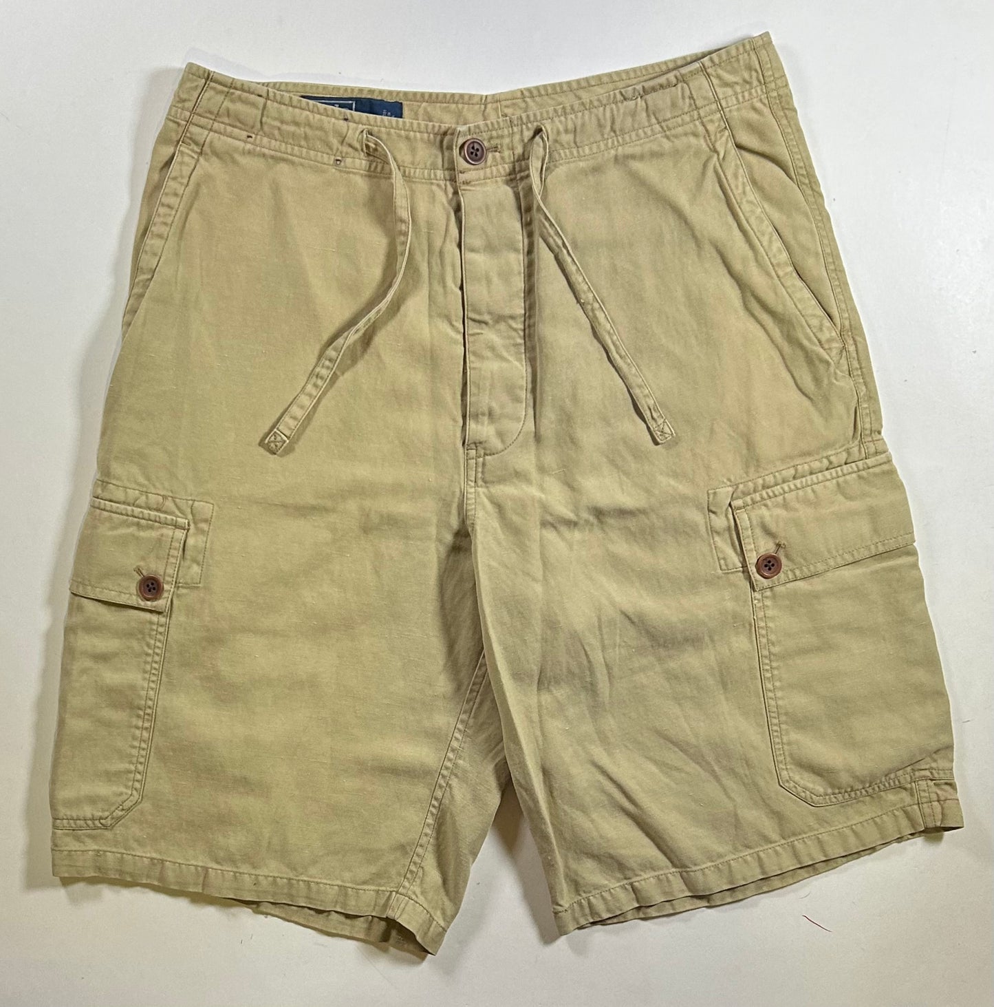 Vintage Polo Ralph Lauren Cargo Shorts Linen Silk Beige Drawstring Military Size 30 16.5x22.5 Inches