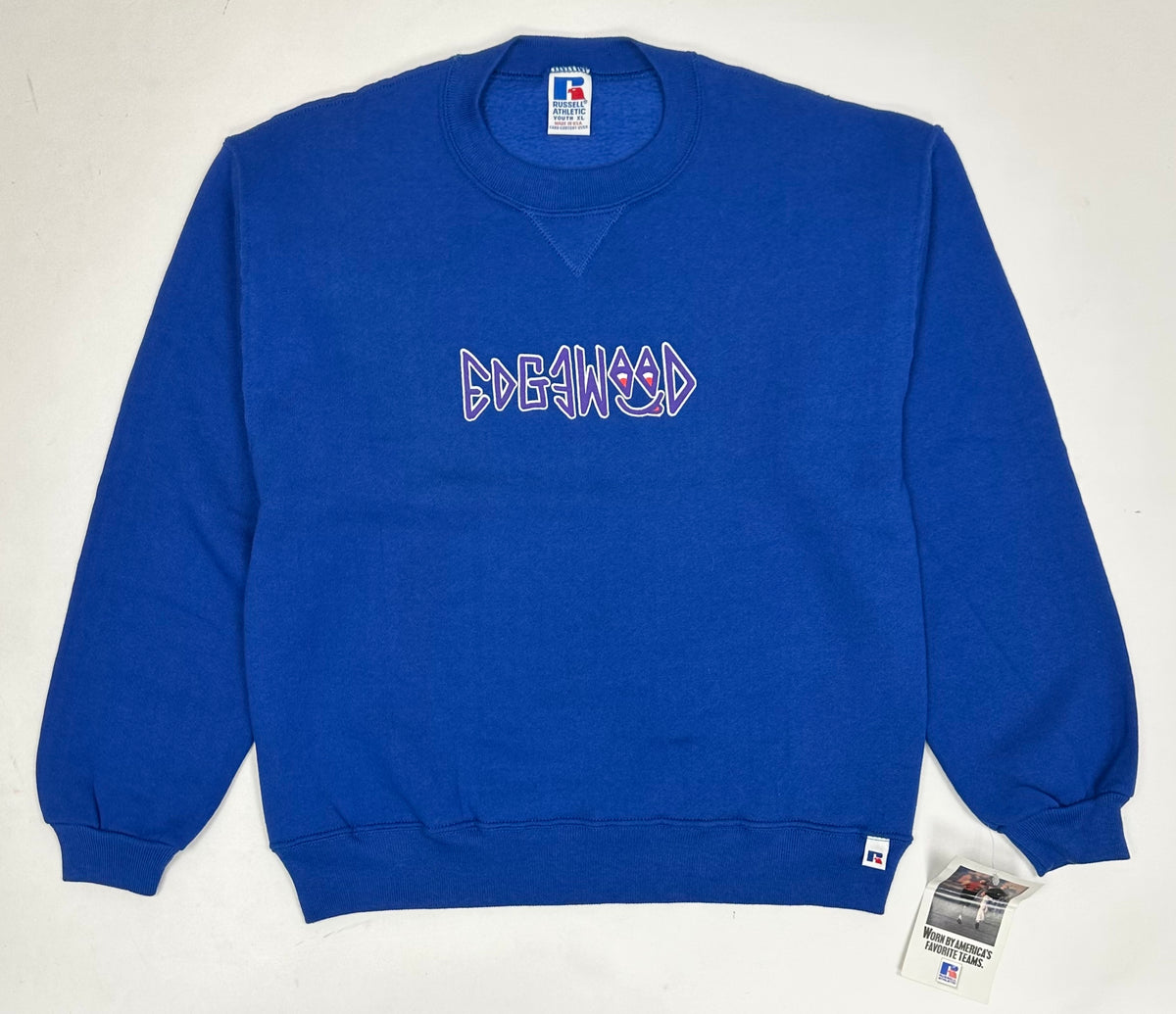 Edgewood NJ “Deeper Than The Roots.” First Edition Crewneck Sweatshirt Tagged Youth XL 20.5x24.5 Inches 90s Russell Athletic 50/50 Blend Made In USA DS  Royal