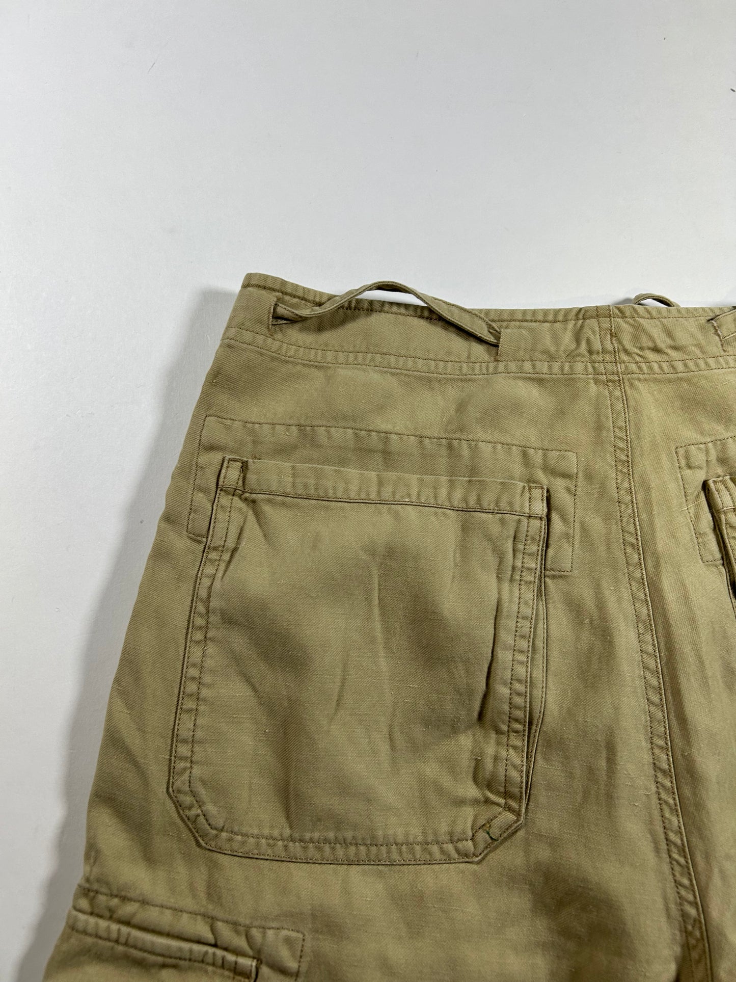 Vintage Polo Ralph Lauren Cargo Shorts Linen Silk Beige Drawstring Military Size 30 16.5x22.5 Inches