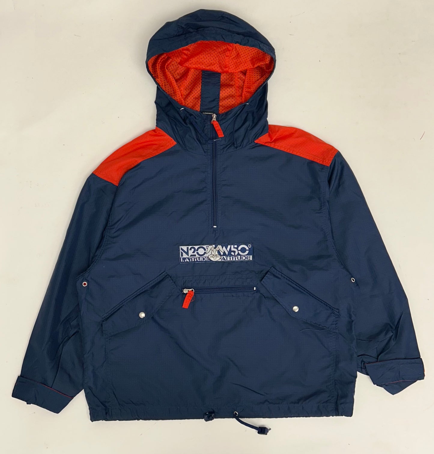 Vintage 1996 Warner Bros. Looney Tunes Bugs Bunny Longitude/Latitude Windbreaker Jacket Large 27.25x29.25 Inches Can Fit XL