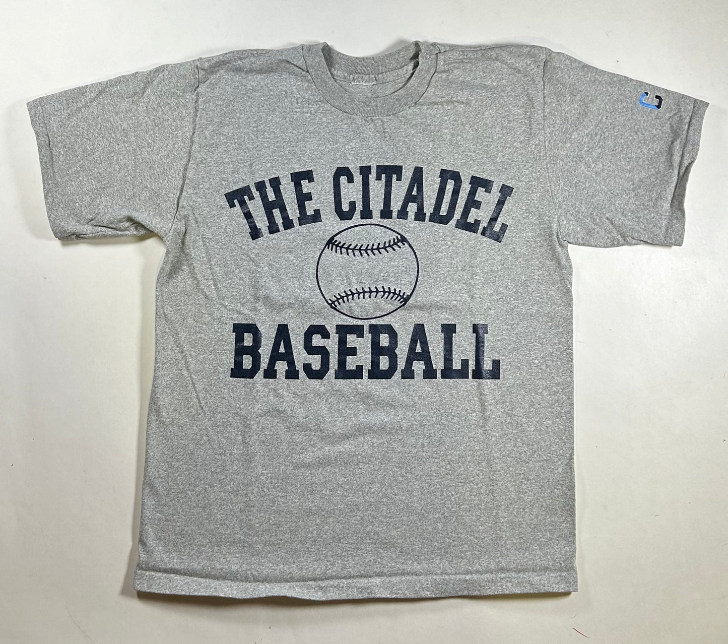 Vintage The Citadel Baseball Logo College Tee Heather Gray USA Made The Cotton Exchange Shirt Large 21.5x28.5 Inches