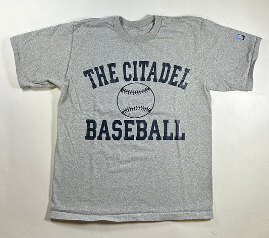 Vintage The Citadel Baseball Logo College Tee Heather Gray USA Made The Cotton Exchange Shirt Large 21.5x28.5 Inches